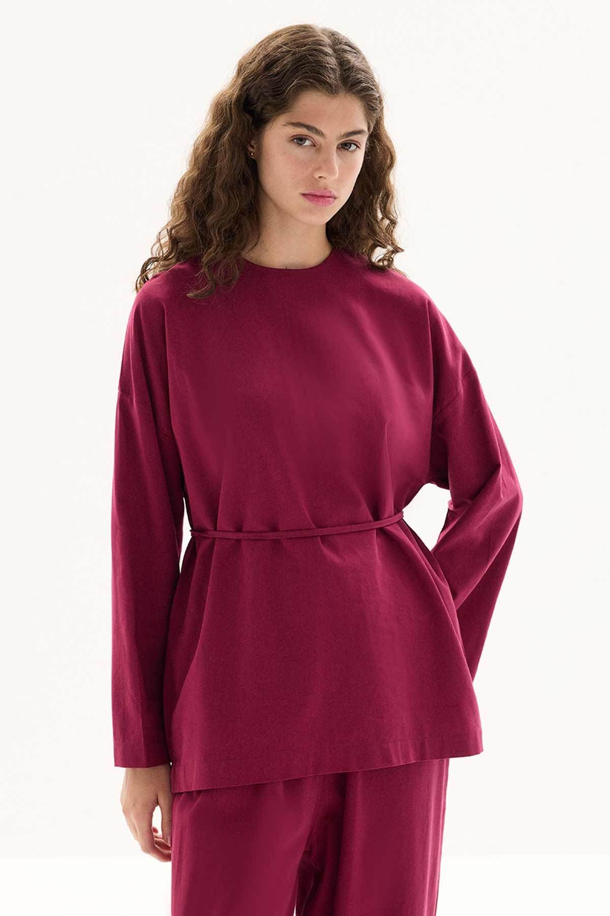 Hooopstore Organik Karışımlı Bisiklet Yaka Bordo Bluz