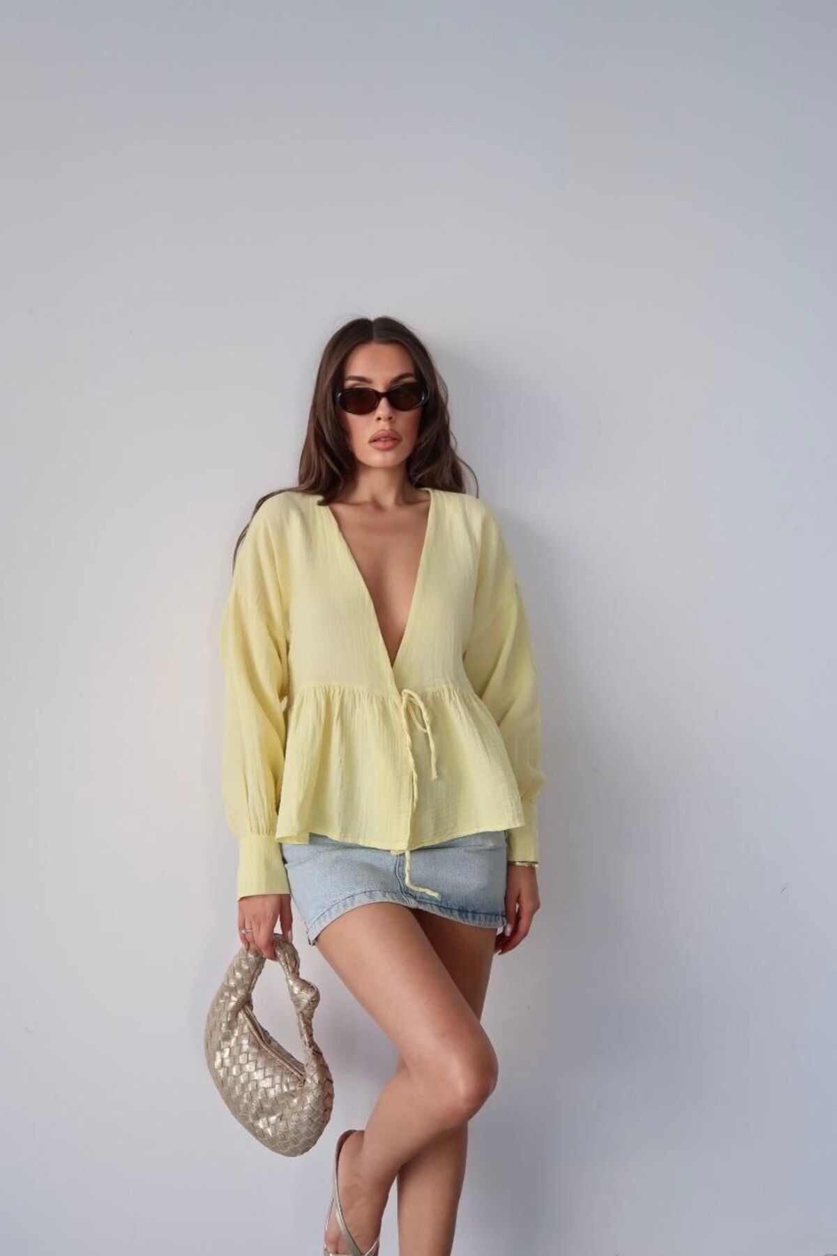 Lusin Kadın Limon Sarısı Önden Bağlamalı Uzun Kol Müslin Kumaş Kimono Bluz