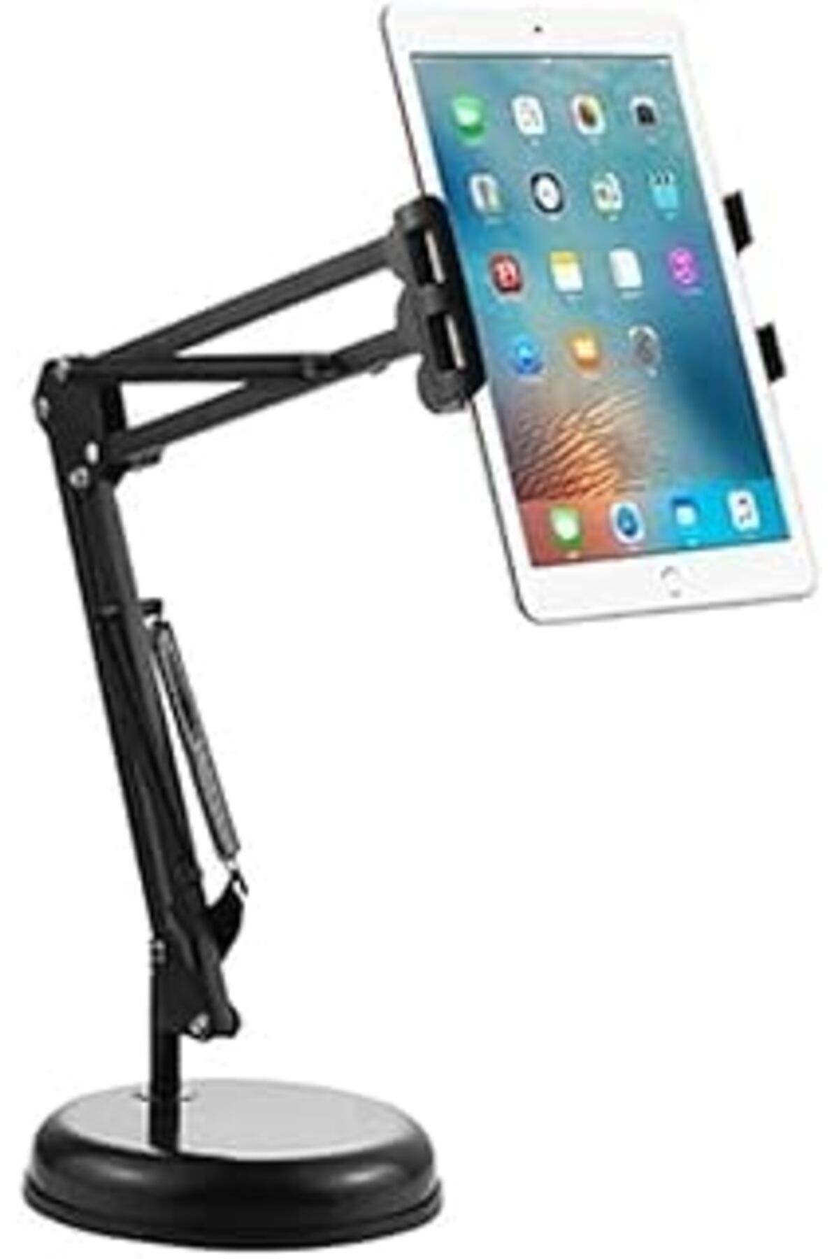 ASİTAN Masaüstü Telefon Ve Tablet Tutucu 19Cm Ayak Çap Uzunluğu Ayarlanabilir Kollu Geniş Tablalı, Pvc + M