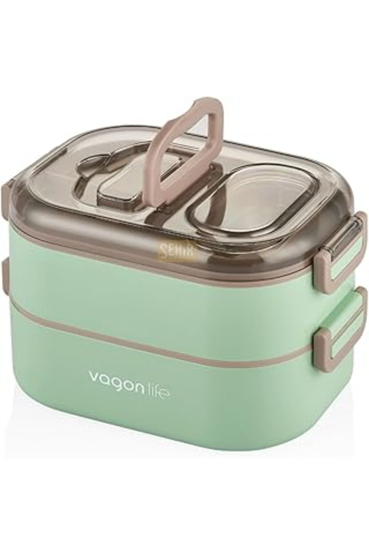 ASİTAN Vagonlife Bento 1000ml Lunchbox Çift Katlı 3 Bölmeli Çelik Sefer Tası Yemek Kutusu (YEŞİL)