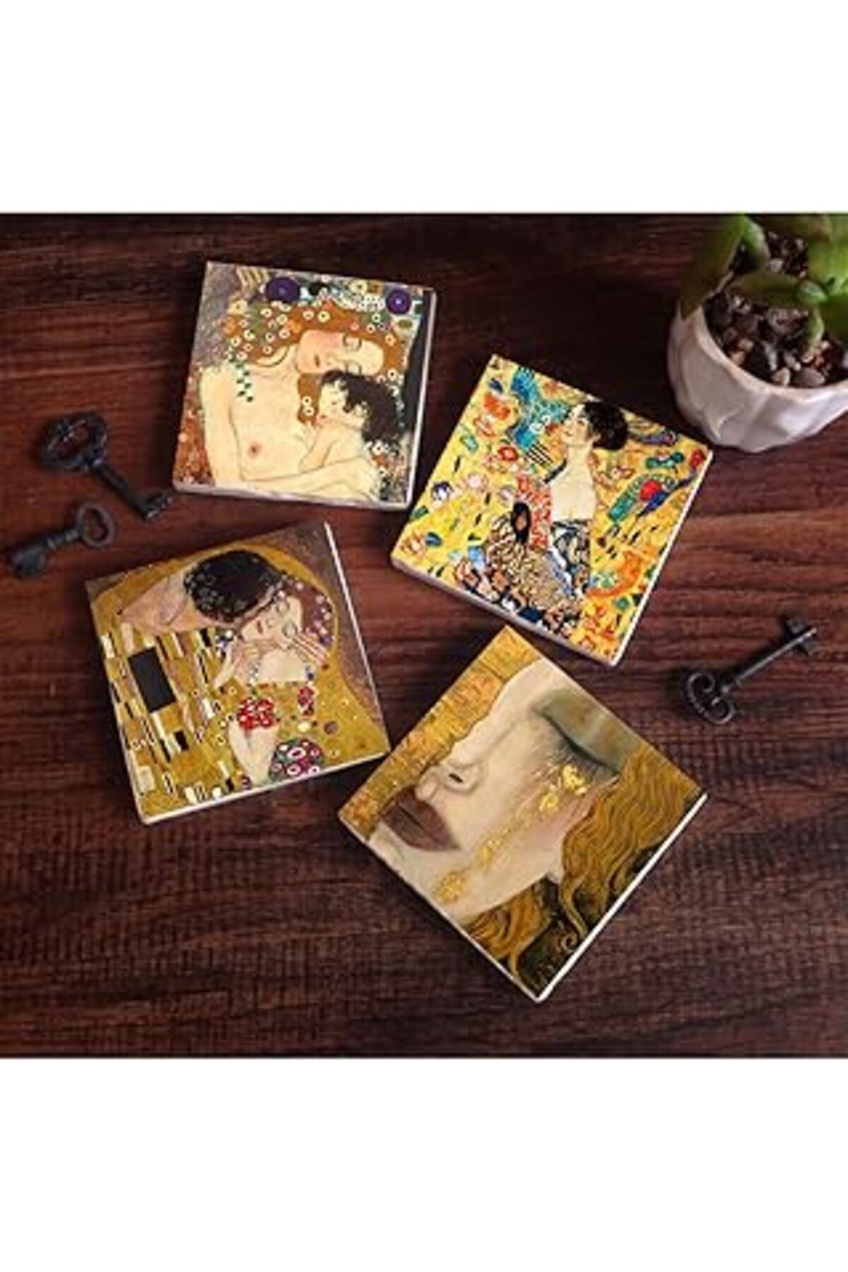 ASİTAN Pinecone Gustav Klimt Yelpazeli Kadın, Altın Gözyaşları, Anne Çocuk, Öpücük Taş Bardak Altlığı Seti