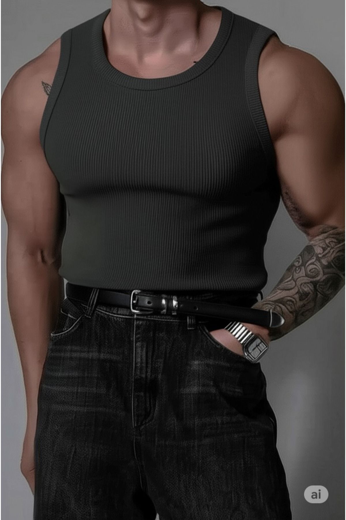 NO 601 Erkek Antrasit Slimfit Kaşkorse Ribana Düz Tank Atlet