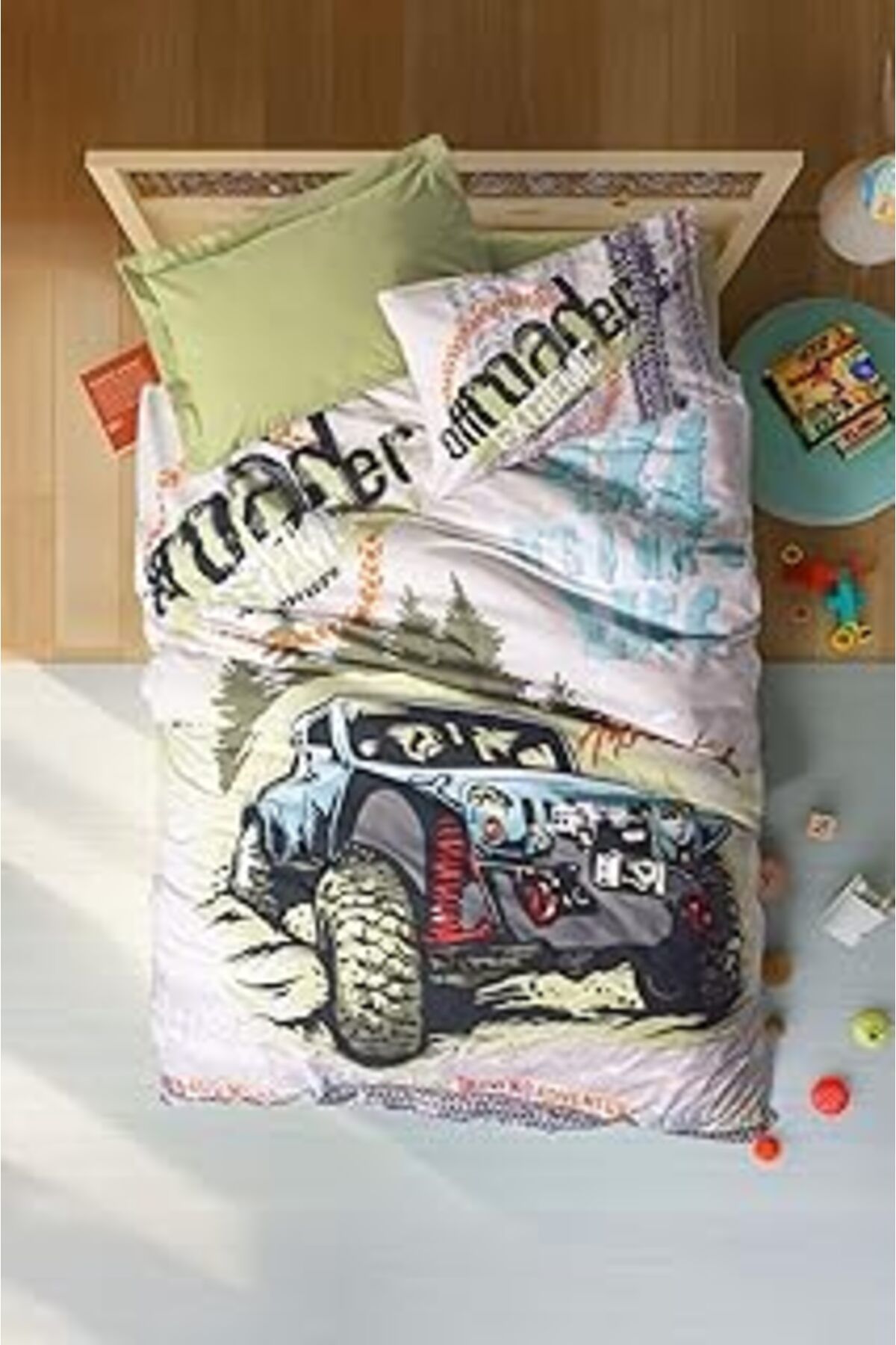 Qedii Cozy Home Junior Tek Kişilik Lastikli Çarşaflı Nevresim Takımı Adventure Yeşil