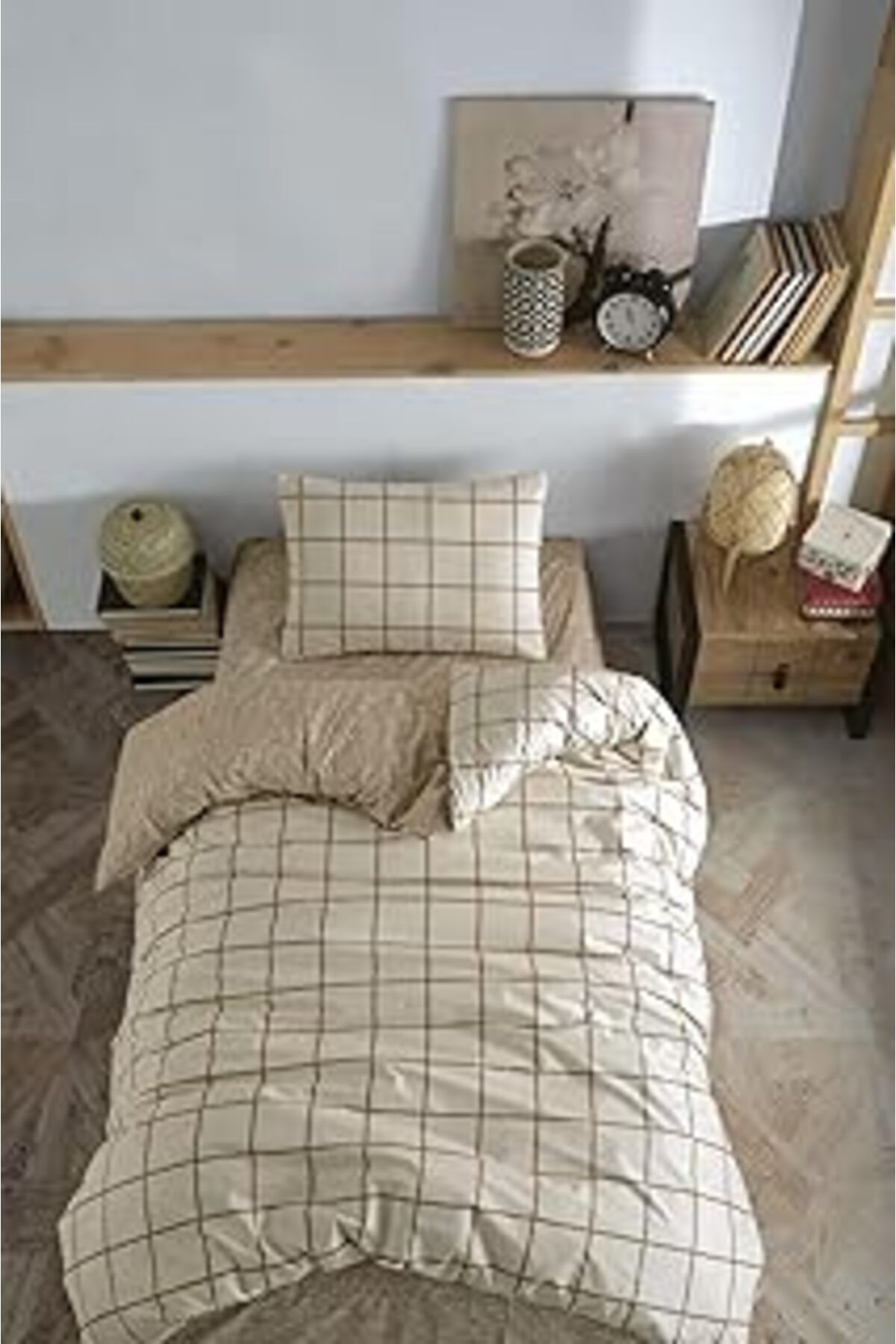 ASİTAN Cozy Home %100 Pamuk Krem Rengi & Kare Desenli Tek Kişilik Nevresim Takımı