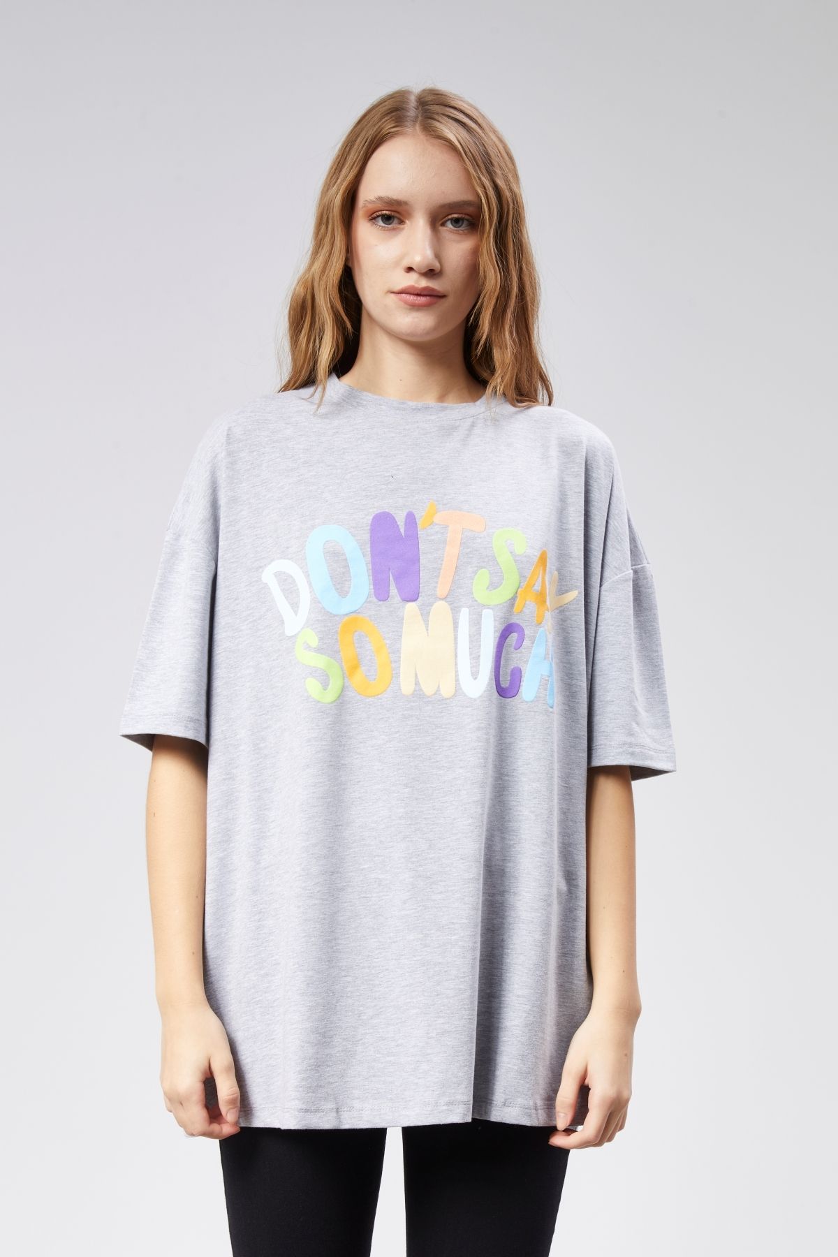TF The Fancy For You Kadın Bisiklet Yaka Baskılı Kısa Kollu Oversize Tişört
