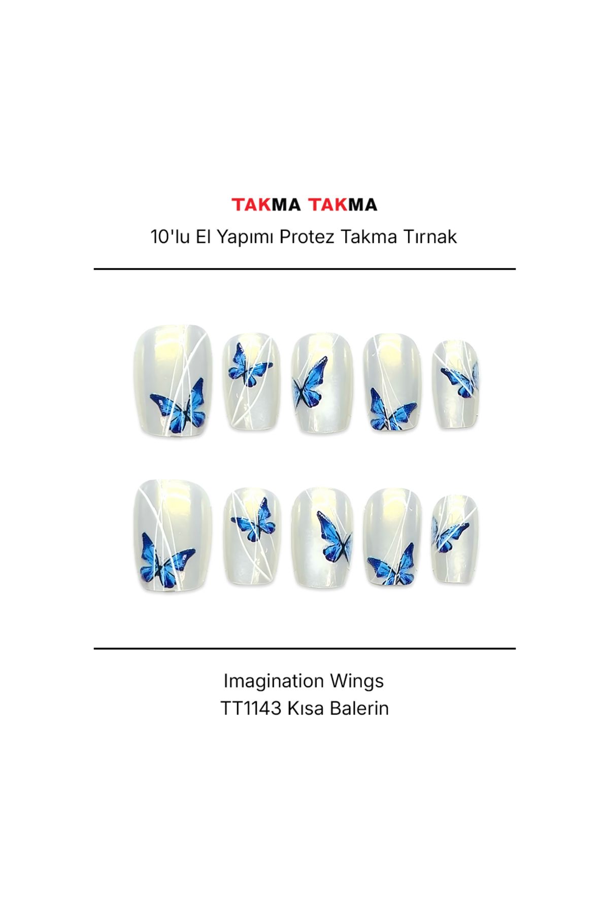 Takma Takma Tekrar Kullanılabilir El Yapımı Protez Takma Tırnak TT1143 - Imagination Wings - 10'lu S-Beyaz