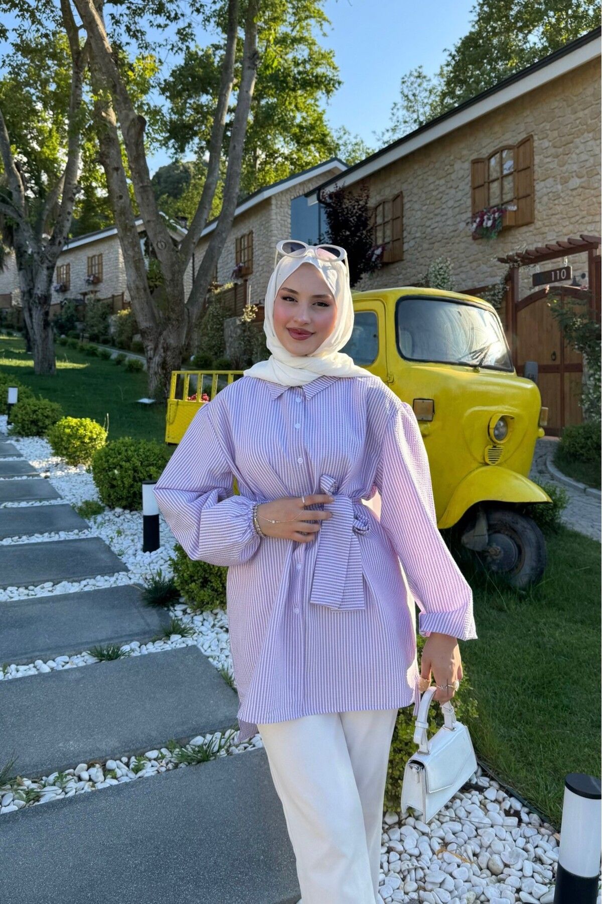 lurex moda Bağlamalı Çizgili Gömlek