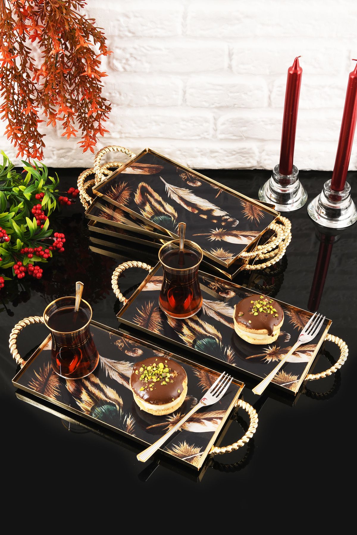 HELVACIOĞLU AKSESUAR 6 Adet Kulplu Kahve ,Pasta, Kek, Baklava, Kurabiye, Çay Sunum Tepsisi 12x25 cm Gold