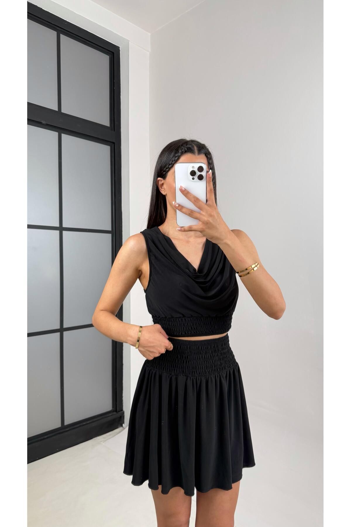 Gaus Siyah Degaje Yaka Beli Lastikli Crop Etek İthal Kumaş Takım Gaus00555
