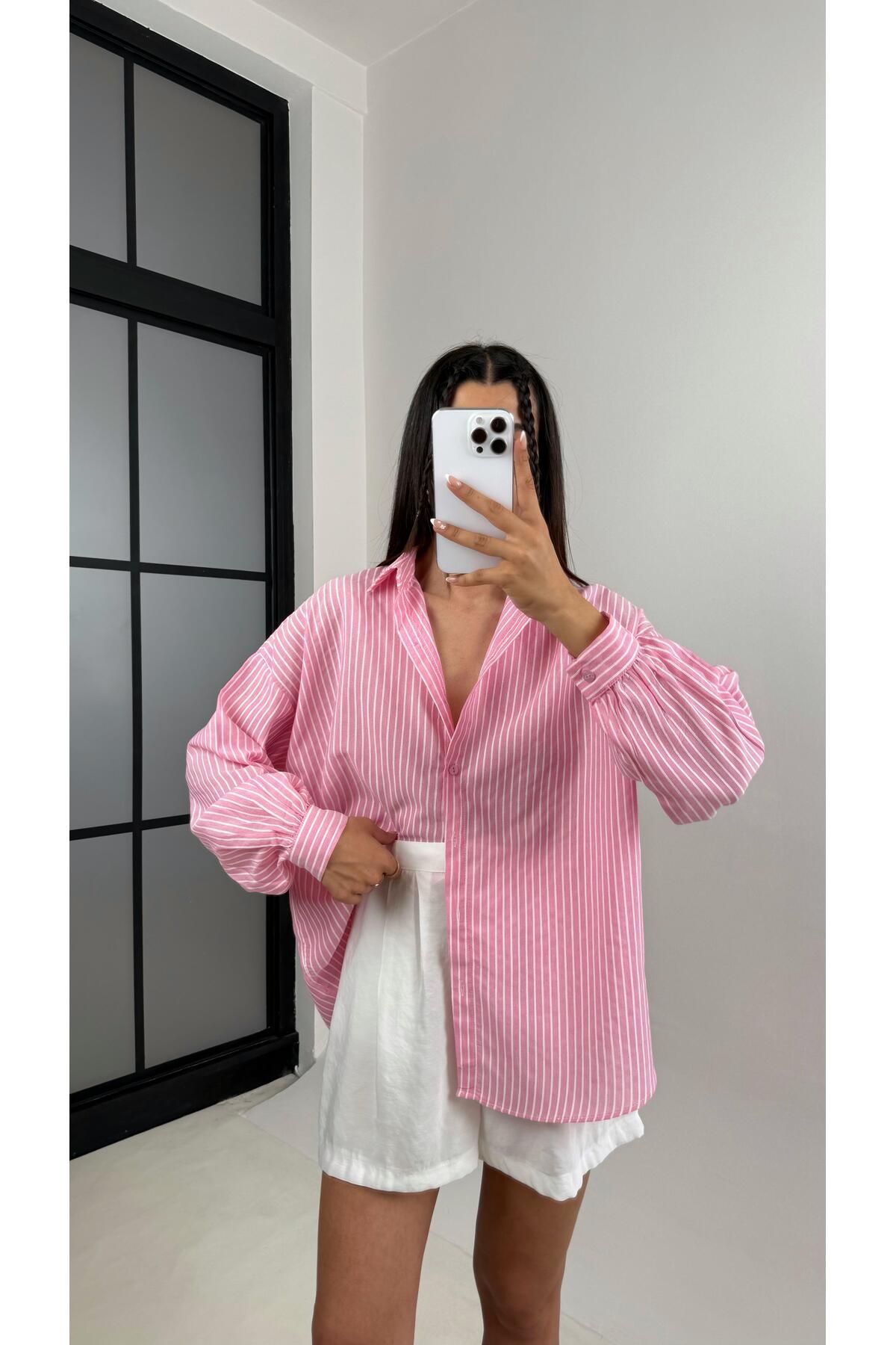 Gaus Pembe Beyaz Çizgili Basic Keten Gömlek Gaus00558