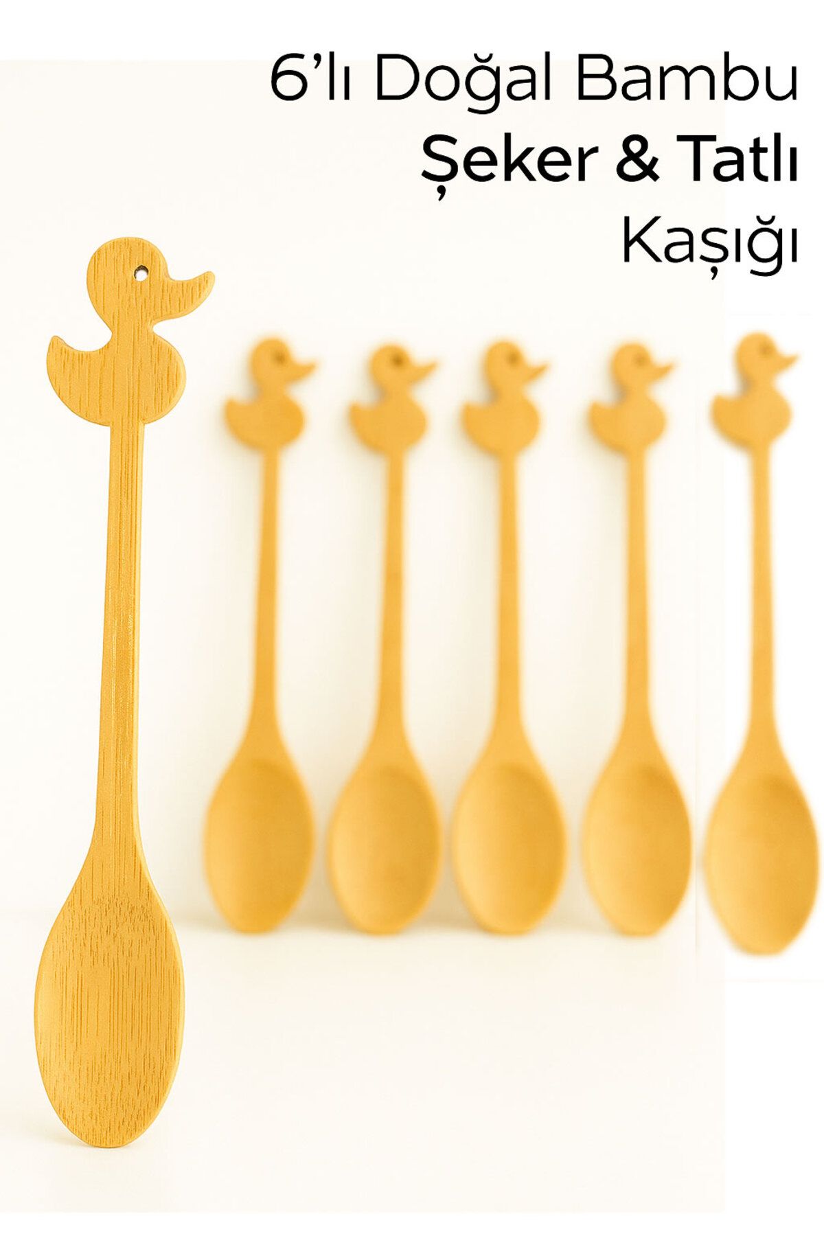 ARVALE 6 Adet Doğal Bambu Ördek Desenli Şeker & Tatlı Kaşığı - 14 cm