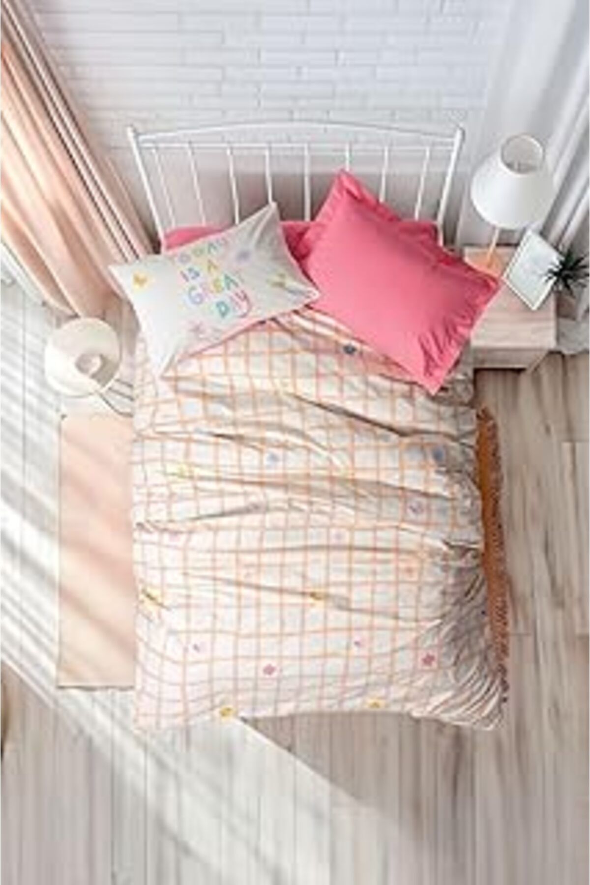 Qedii Cozy Home Genç Odası Tek Kişilik Lastikli Çarşaflı Nevresim Takımı Jours Pembe