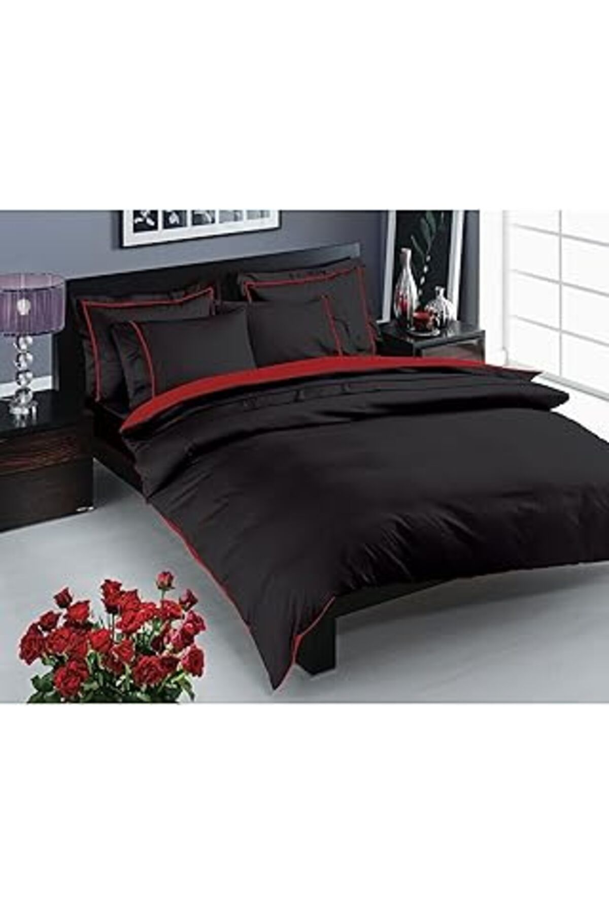 Qedii Prestige Saten Delux Düz%100 Pamuk Saten Nevresim Takımı, Siyah, Çift Kişilik