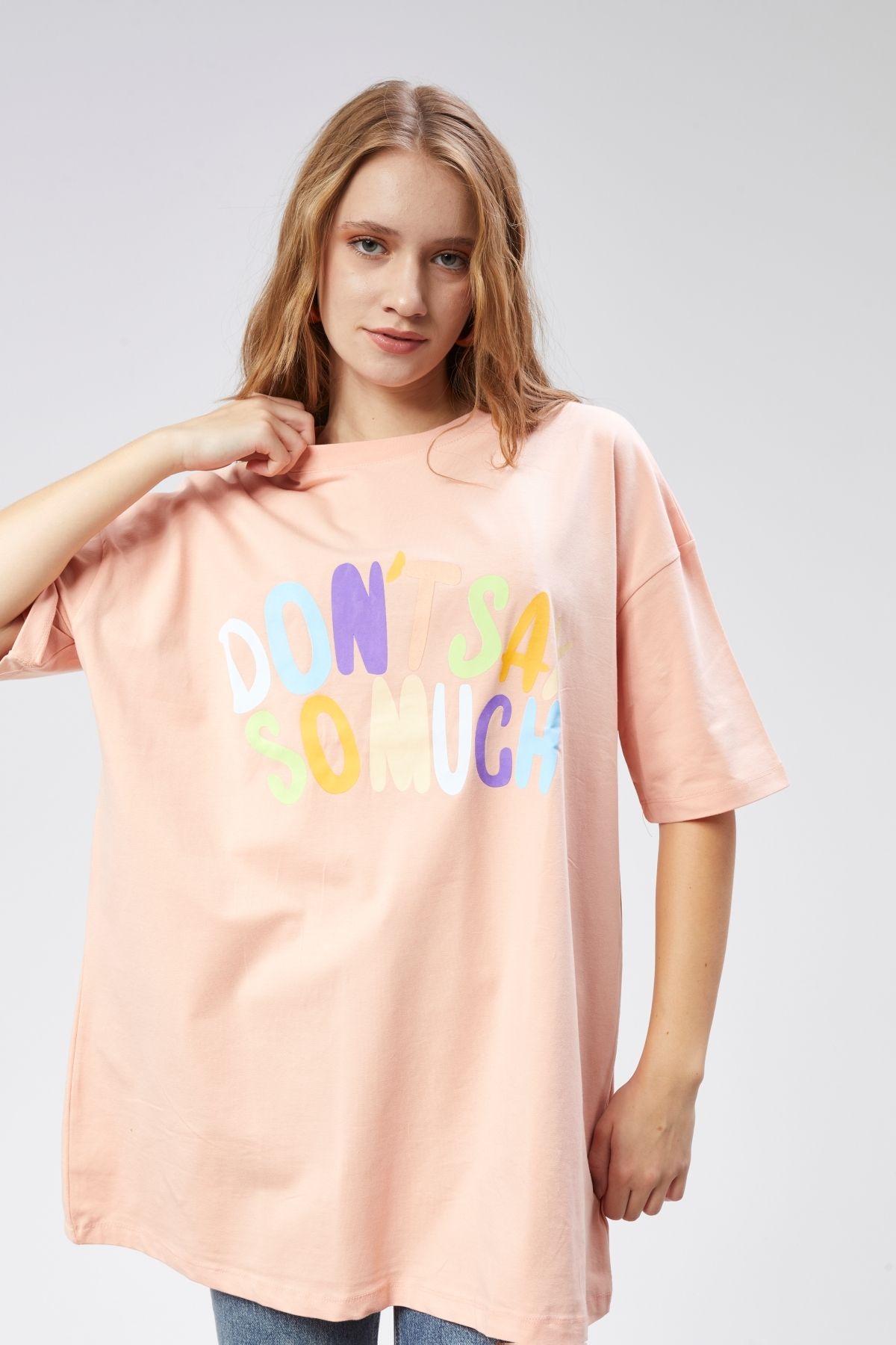 TF The Fancy For You Kadın Bisiklet Yaka Baskılı Kısa Kollu Oversize Tişört