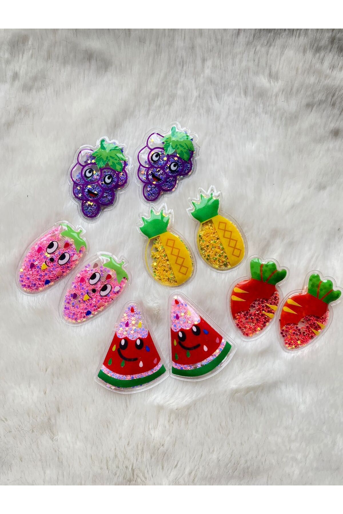 AyKoş aksesuar 10'LU MEYVE FİGÜRLÜ ANANAS KARPUZ ÜZÜM SİMLİ ŞEFFAF BEBEK ÇOCUK PENS TOKA