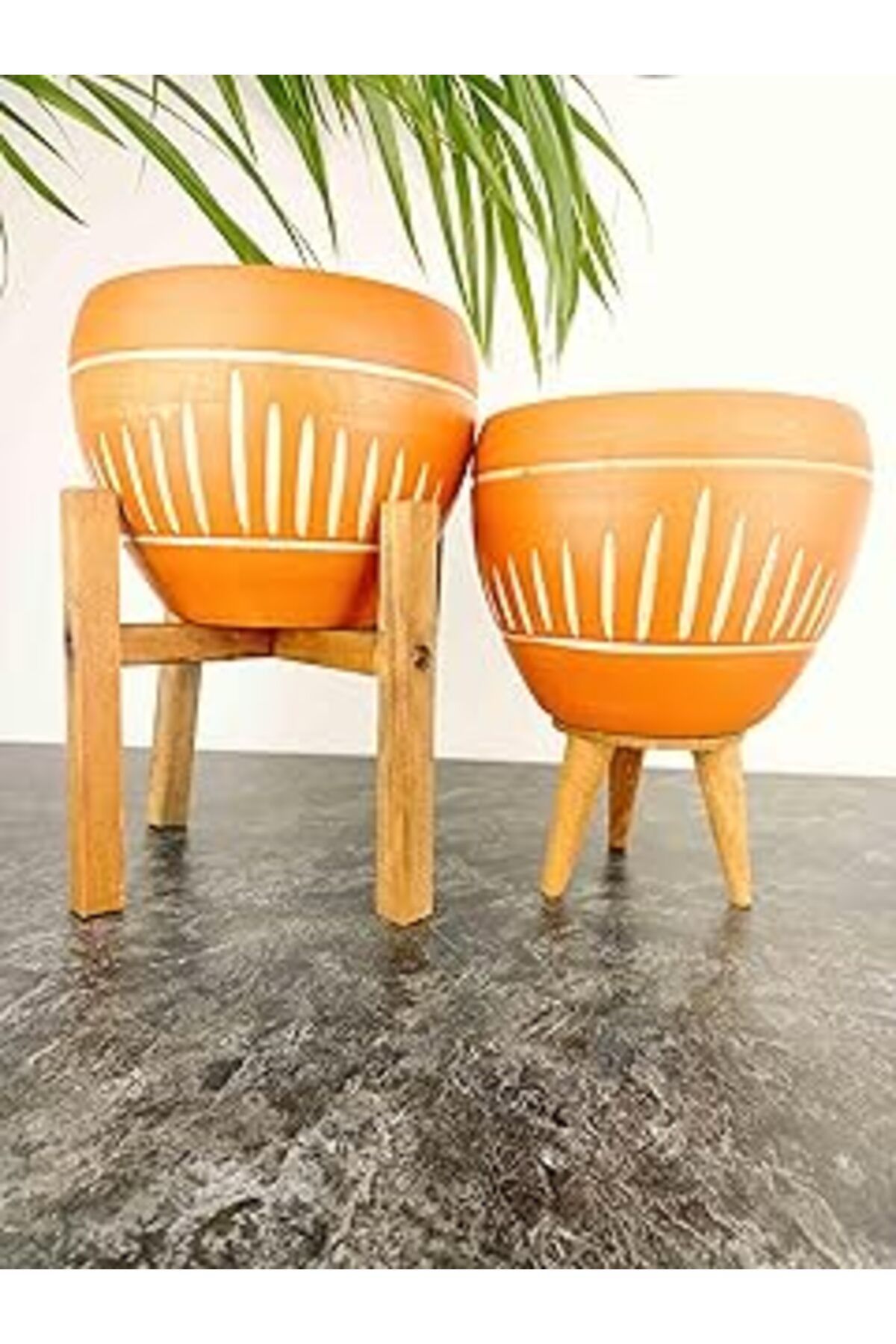 ASİTAN Bitki Tasarımı Ev Dekorasyon Dik Çizgi Desenli Terrakota Toprak Saksı Salon Çiçeklik İkili Set 3 Ay