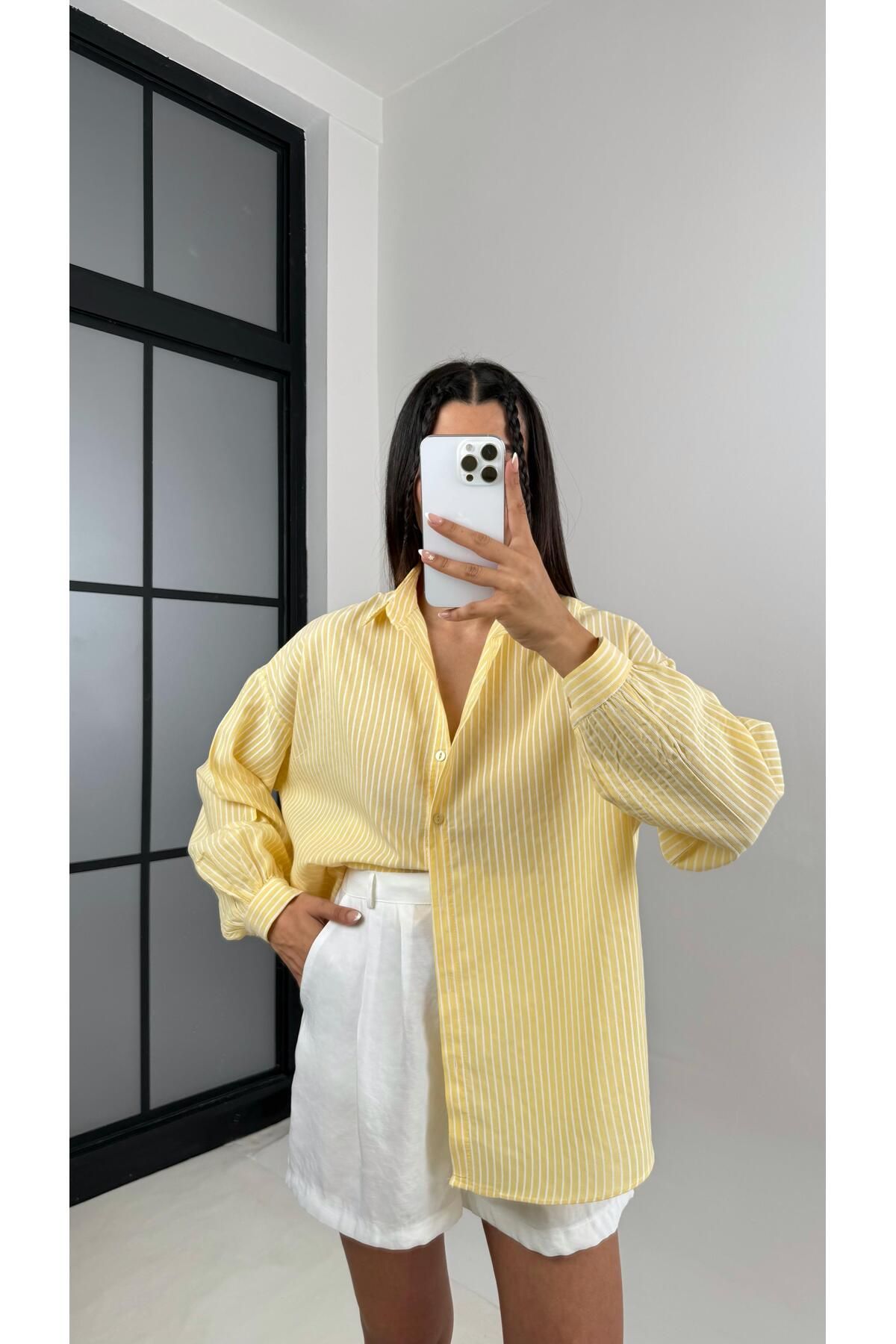 Gaus Sarı Beyaz Çizgili Basic Keten Gömlek Gaus00558