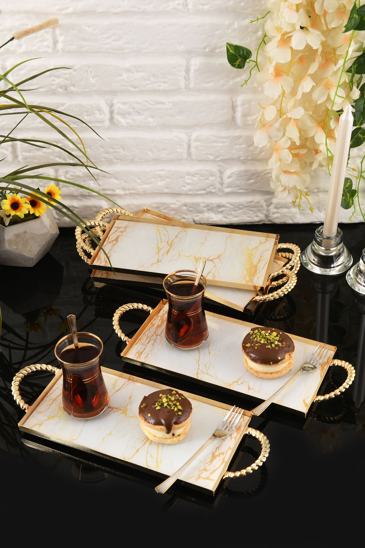 HELVACIOĞLU AKSESUAR 6 Adet Kulplu Kahve ,Pasta, Kek, Baklava, Kurabiye, Çay Sunum Tepsisi 12x25 cm Gold
