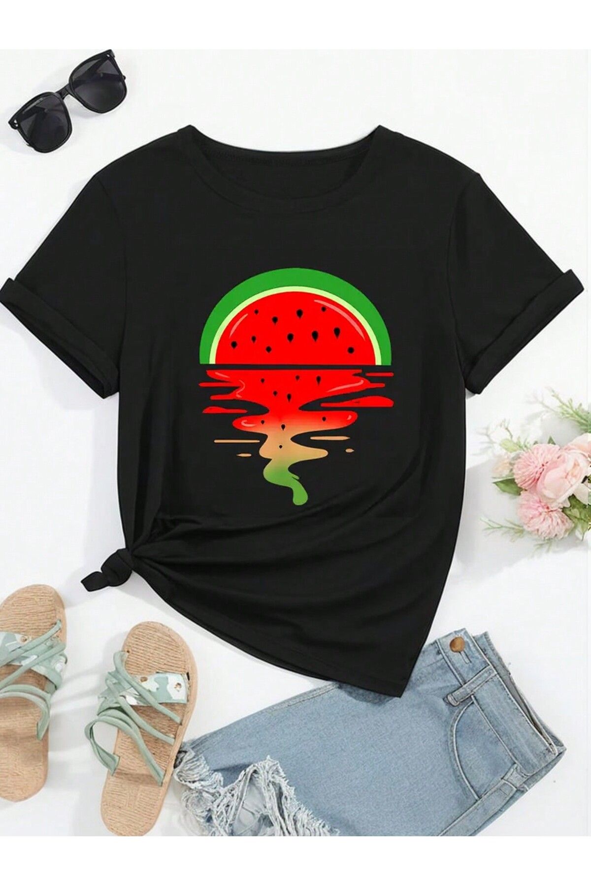 aynewmoda Kadın Günlük Kısa Kollu Yuvarlak Yaka Karpuz Desenli Tişört