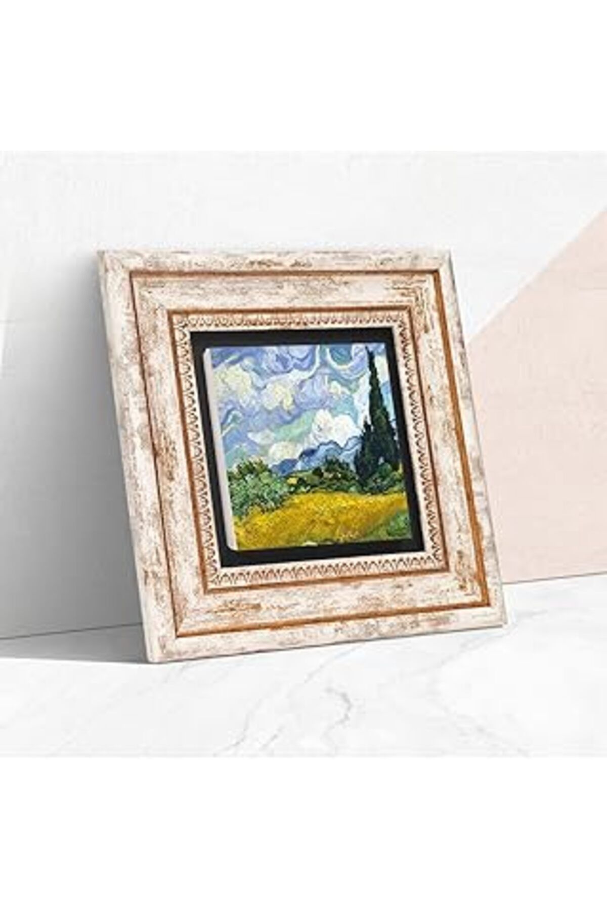 ASİTAN Pinecone Van Gogh Selvi Ağaçlı Buğday Tarlası Taş Duvar Tablosu - Çerçeveli Taş Tablo - Dekoratif D
