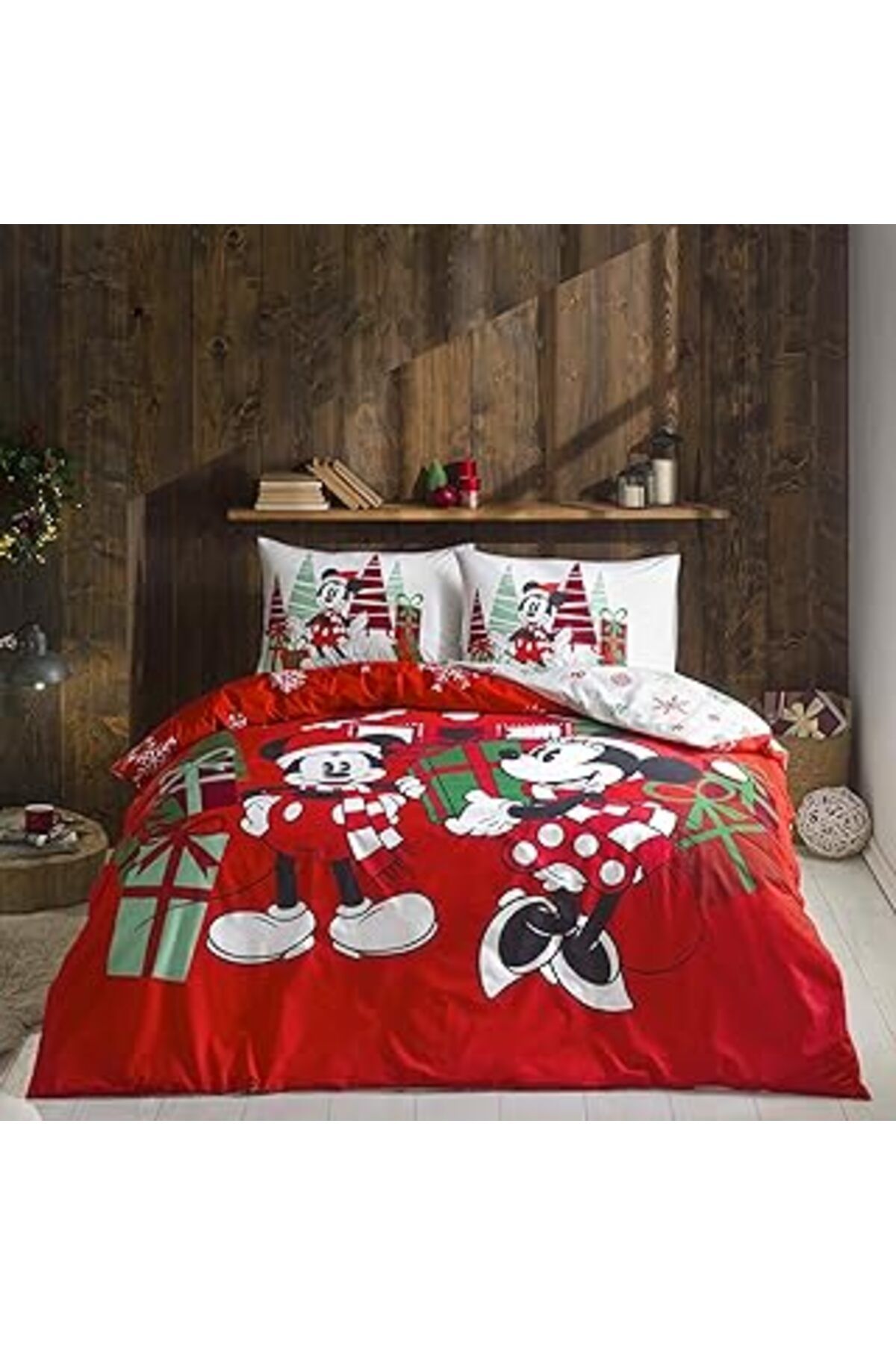 Qedii Minnie&Mickey Christmas Karakter Baskılı%100 Pamuk Nevresim Takımı, Kırmızı, Çift Kişilik (Nevresim