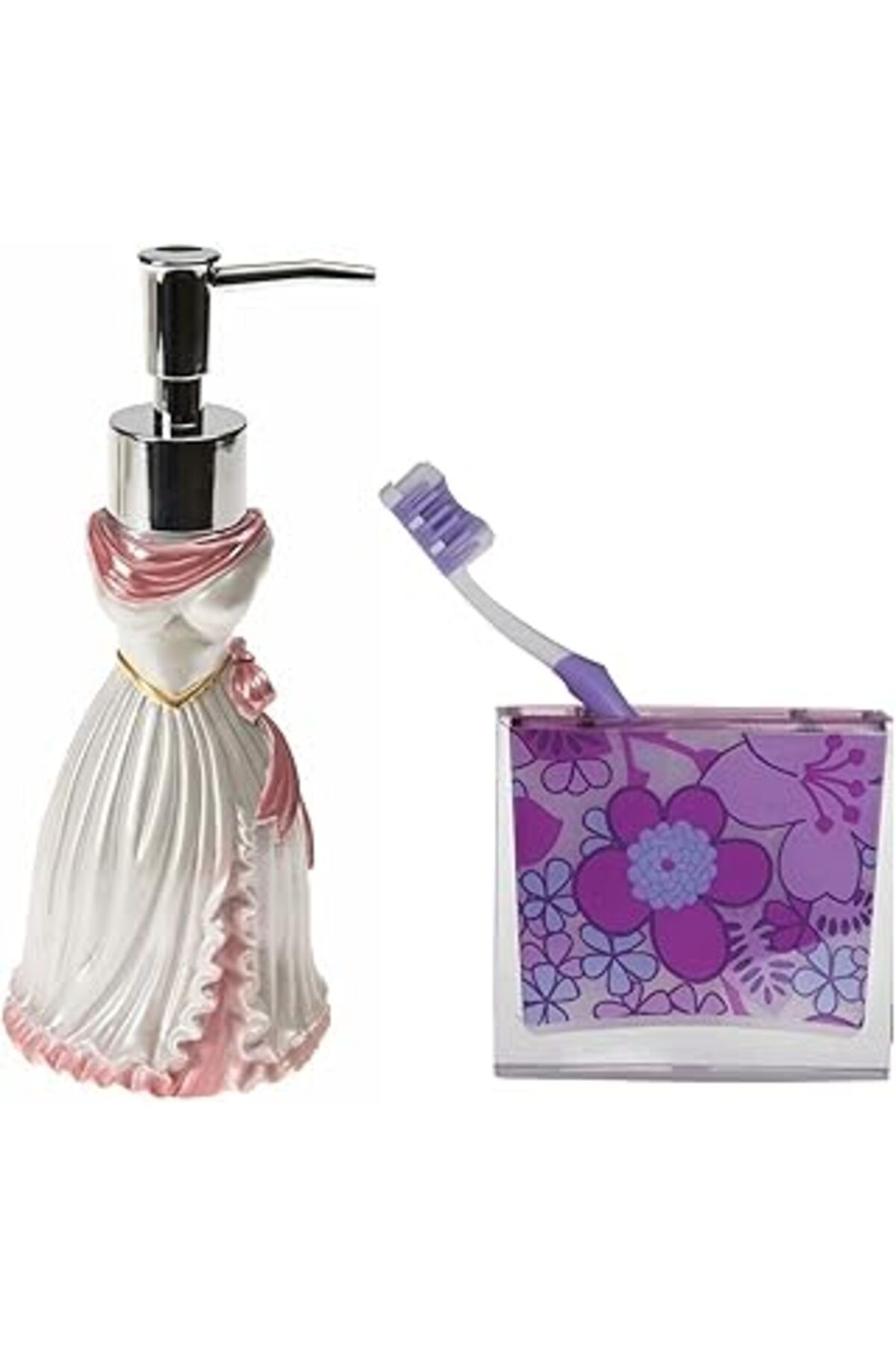 Qedii Bosphorus Homi Sivi Sabunluk,diş Firçalik 2 Li Banyo Seti,lady Ve Pembe Çiçekli
