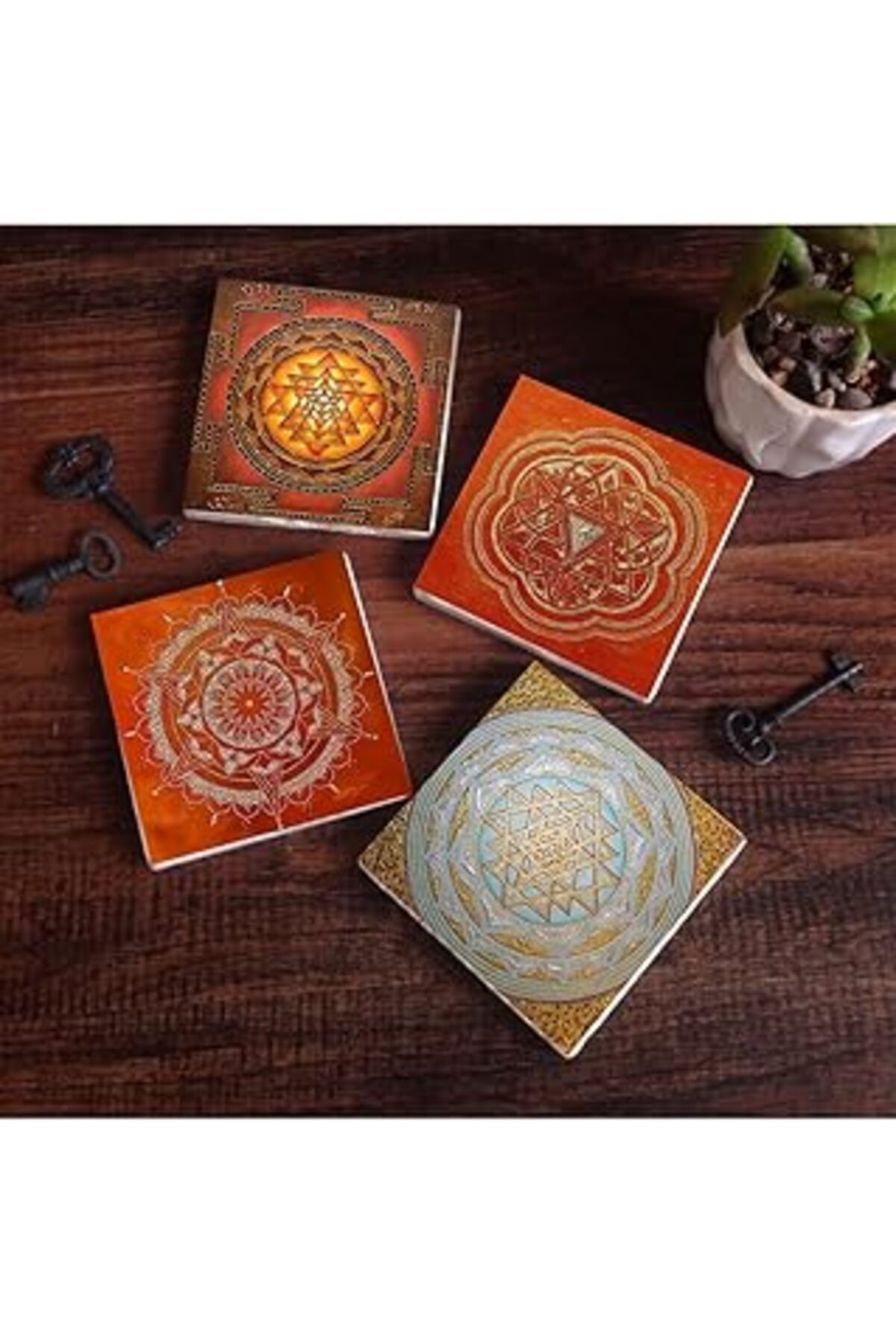 ASİTAN Pinecone Sri Yantra, Mandala Taş Bardak Altlığı Seti - 4 Parça - Dekoratif, Rustik Mutfak Aksesuarı