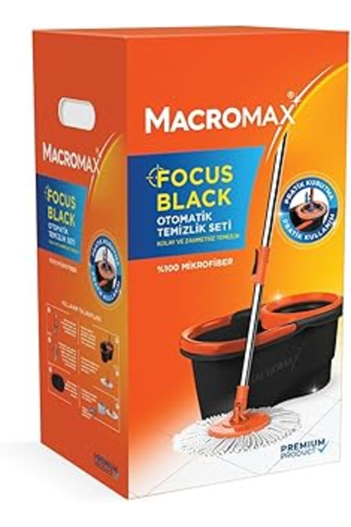 Qedii Macromax Focus Black Otomatik Temizlik Seti, Pedalsız Döner Sıkmalı 360 Başlıklı Mikrofiber Paspas