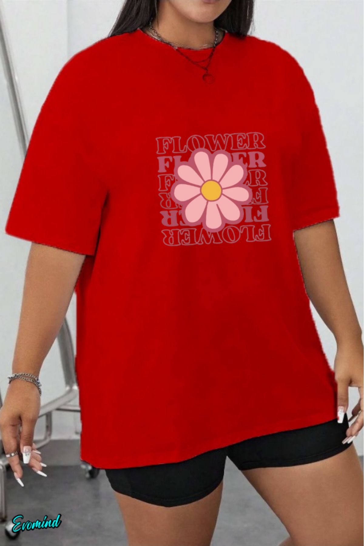 Evomind Büyük Beden Flower Baskılı T-shirt