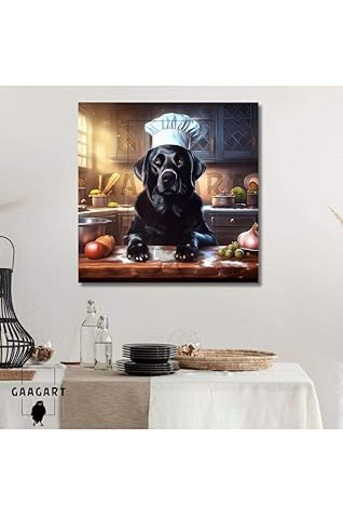 Pazarcan Gaagart Kanvas Mutfak Tablosu Aşçı Hayvanlar Siyah Labrador Köpek, 50 X 50
