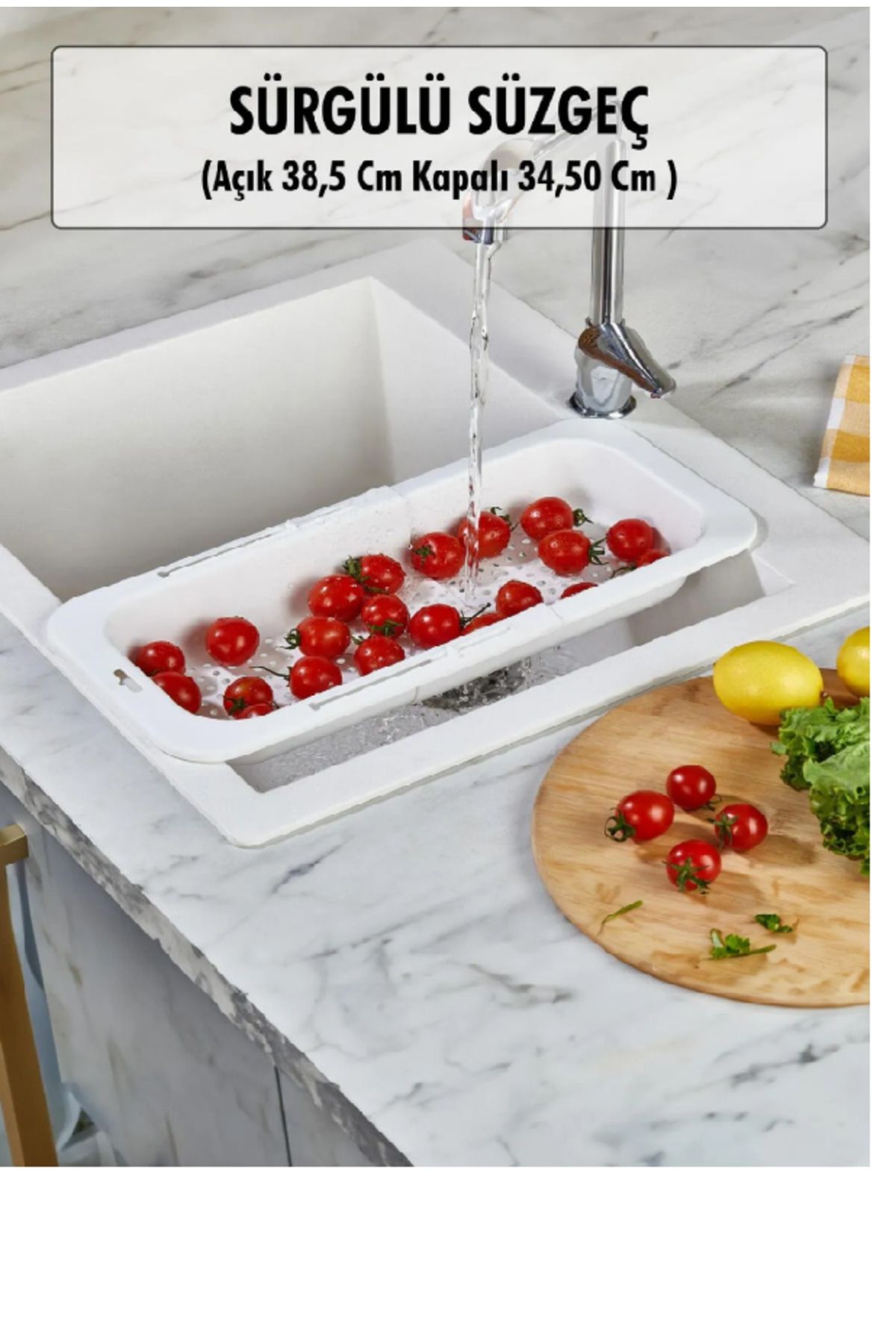 Blue Home Lıght Sürgülü Ayarlanabilir Pratik Lavabo Süzgeci, Uzun Kısa Ayarlı Evye, Meyve Sebze Salata Yıkama Gri