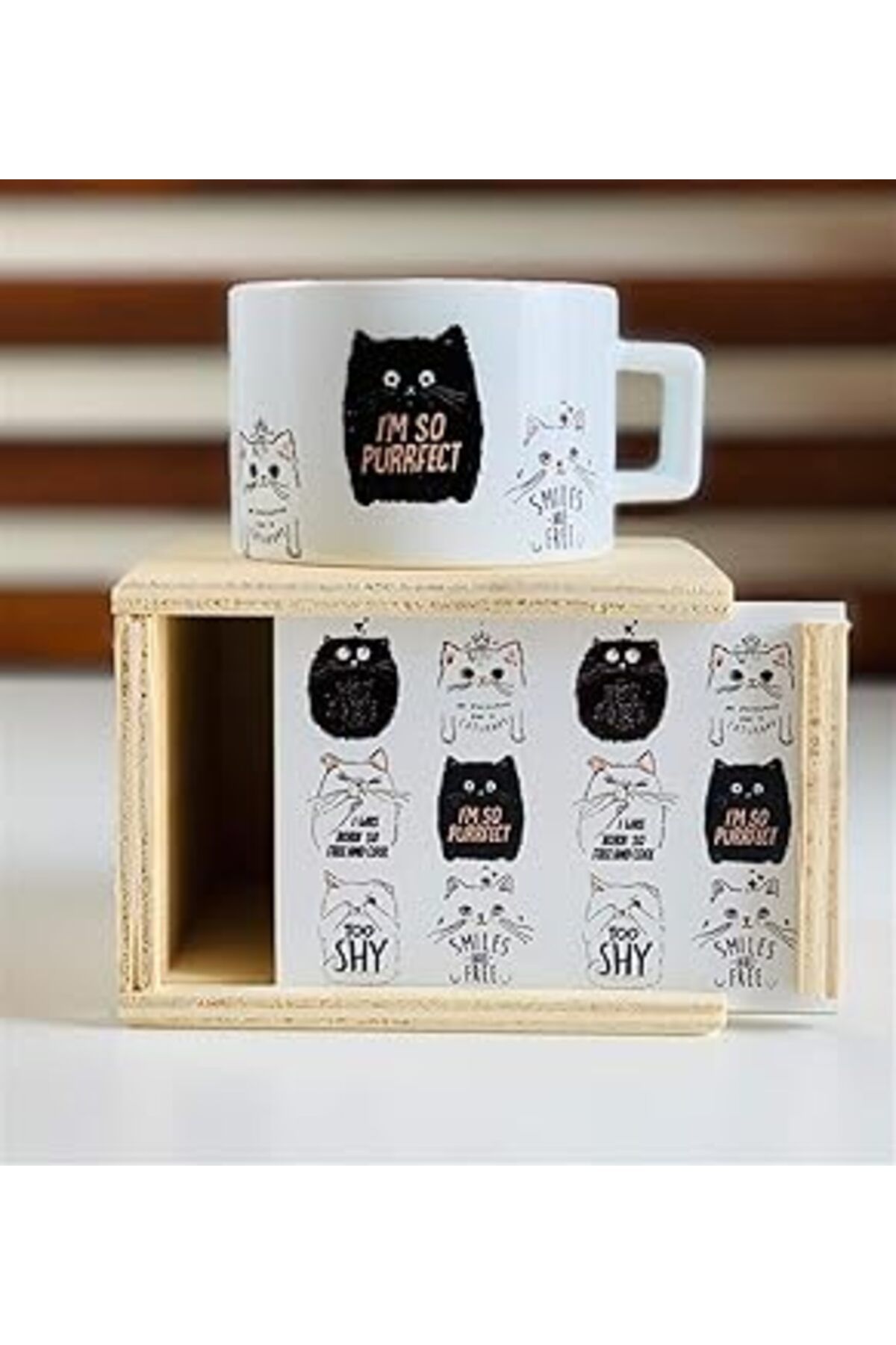Mu Art Ahşap Giftmoda Sevimli Mottolu Ahşap Kutulu Fincan