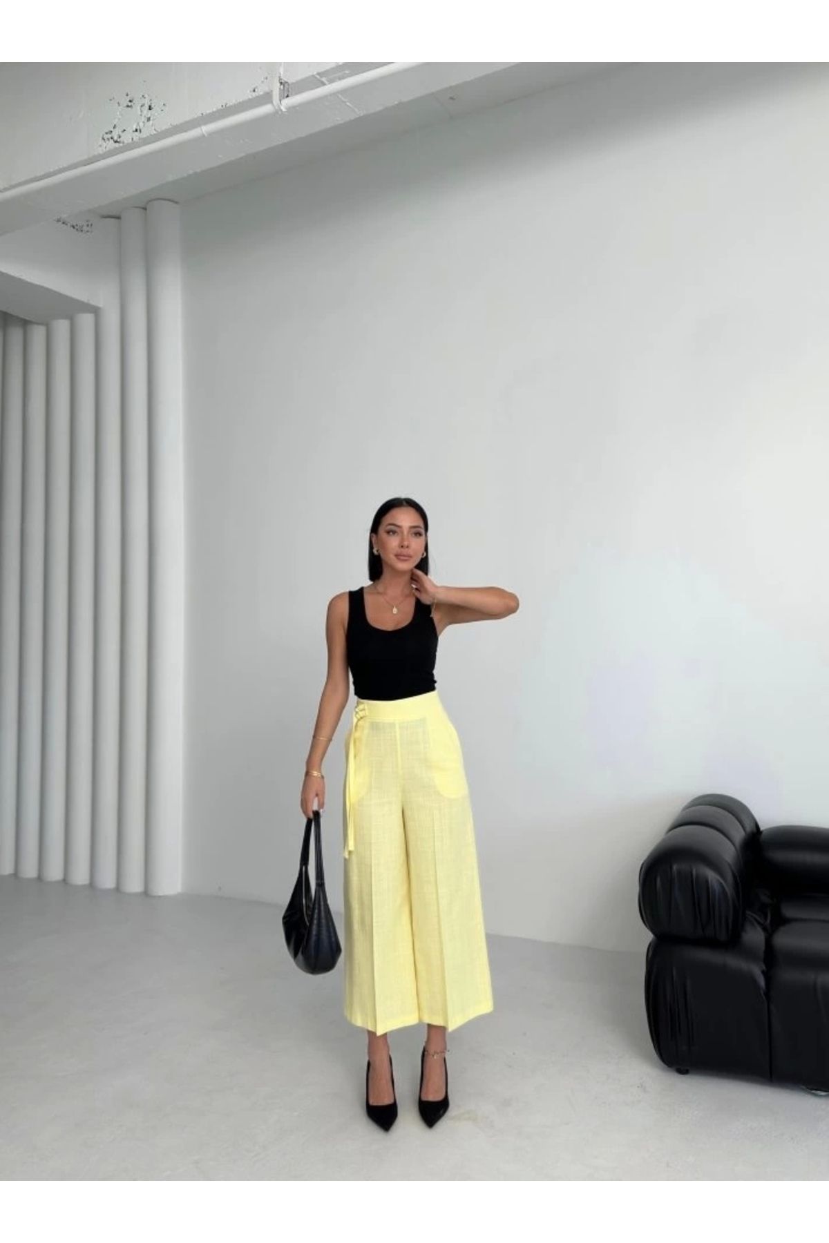nedo7 Keten Toka Detayli Bilek Boy Wide Leg Pantolon
