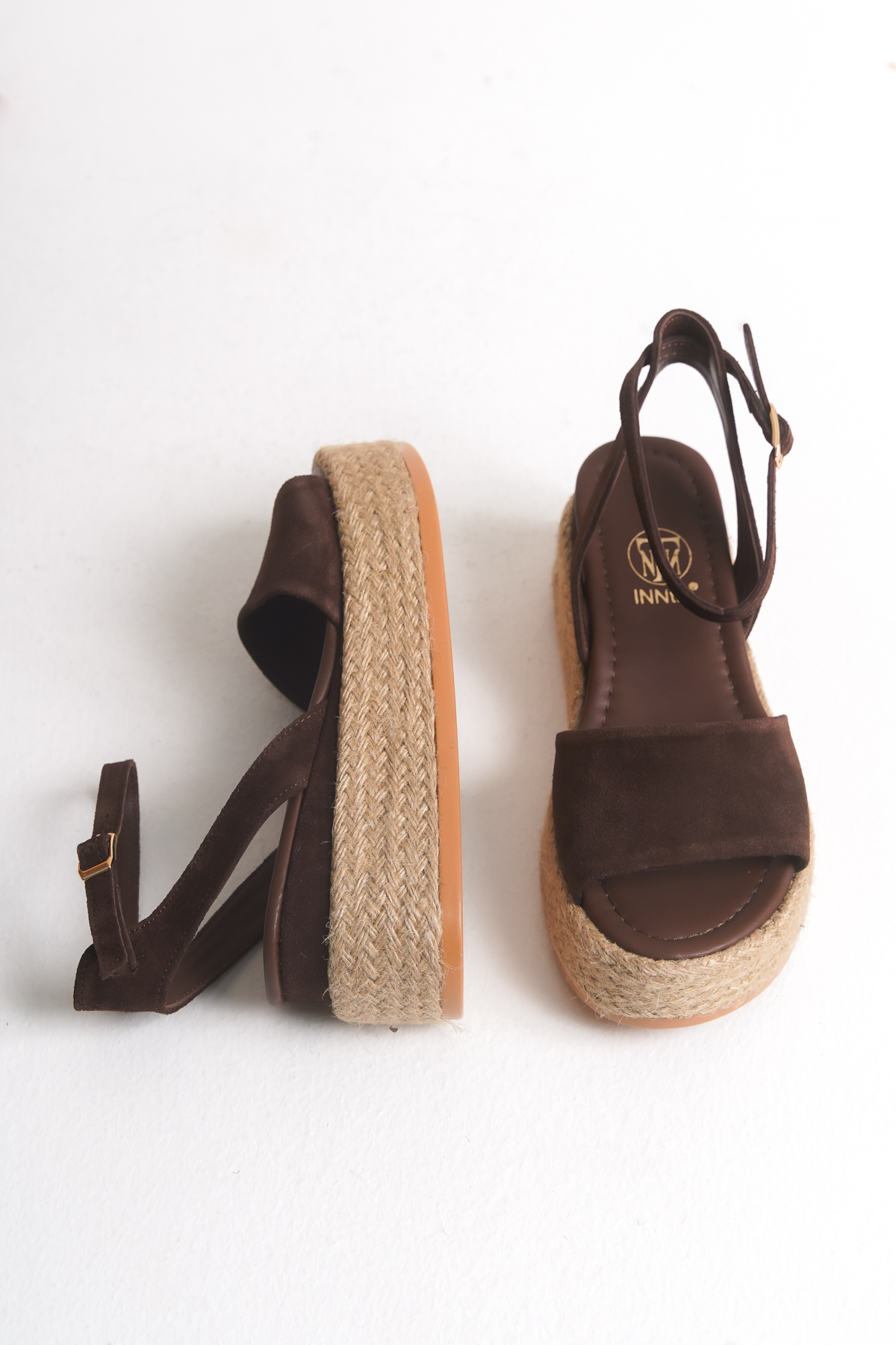 INNTRO  Riva Hakiki Deri Acı Kahve Süet Kadın Hasır Espardil Sargı Tabanlı Sandalet - Görsel 6