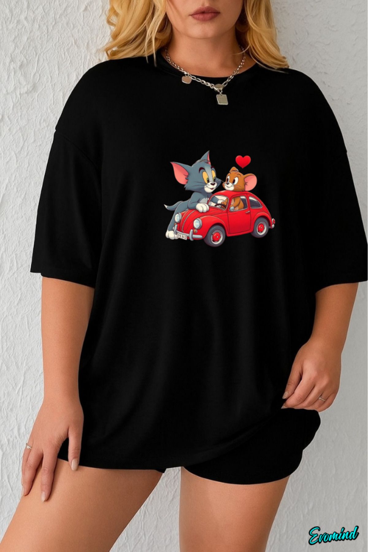 Evomind Büyük Beden Çizgi Karakter Baskılı T-shirt