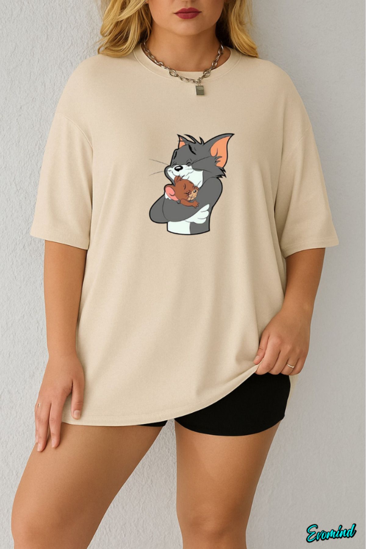 Evomind Büyük Beden Çizgi Karakter Baskılı T-shirt