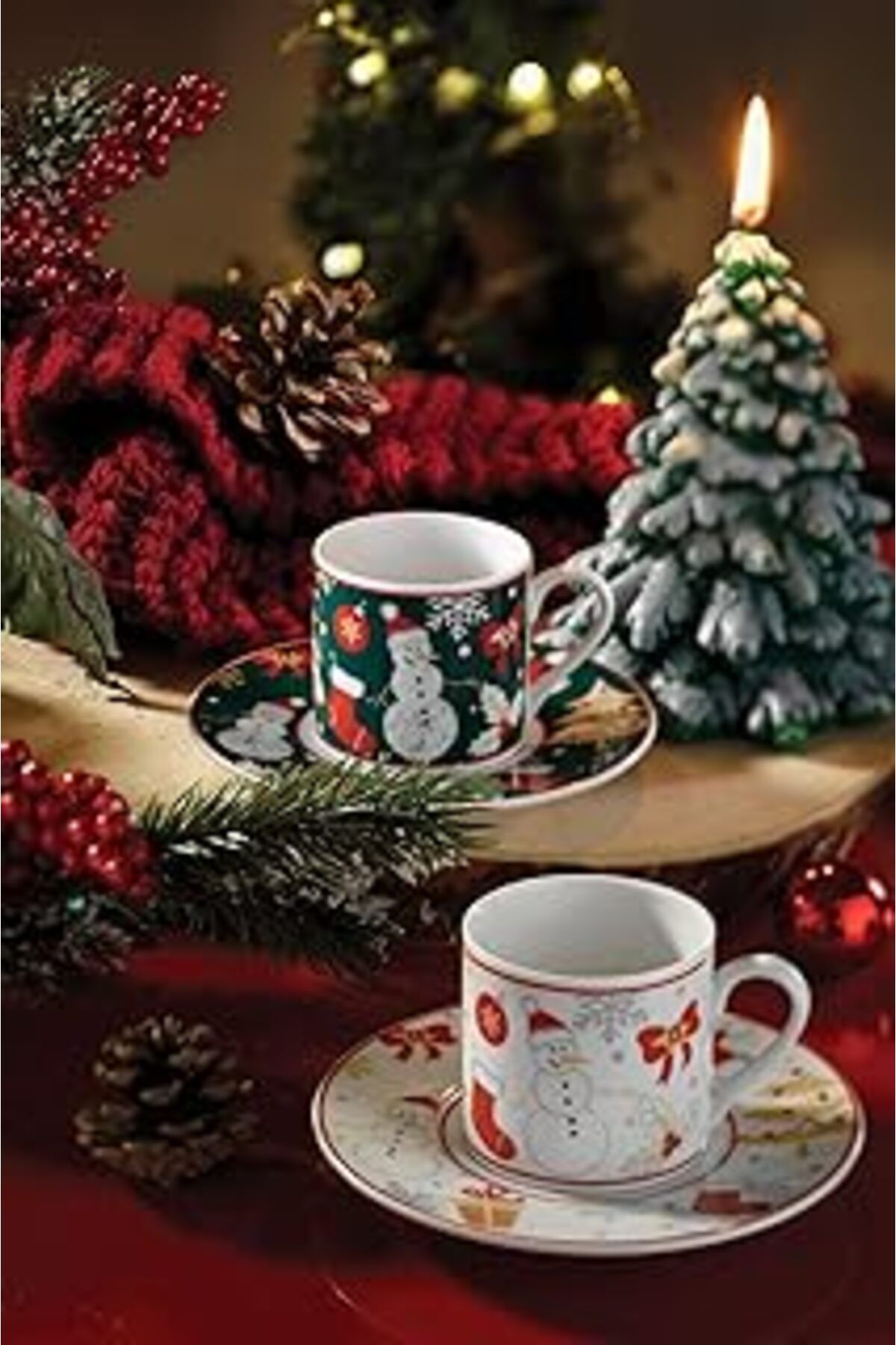 Mu Art Ahşap Porselen Kardan Adam 4 Parça 2 Kişilik Kahve Takımı, 90 Ml