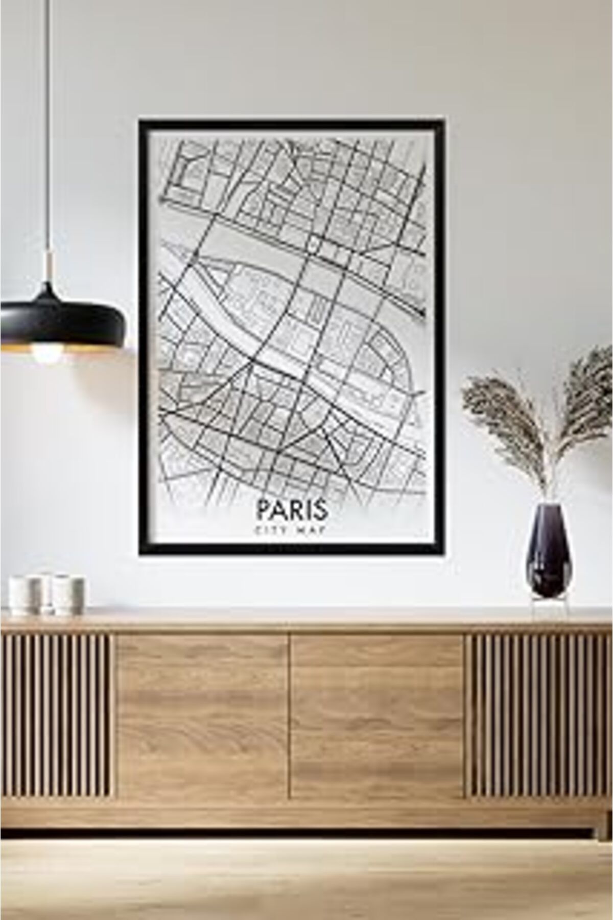 Pazarcan Artavessa Tek Parça Siyah Çerçeve Görünümlü "Paris Beyaz" Harita Mdf Tablo