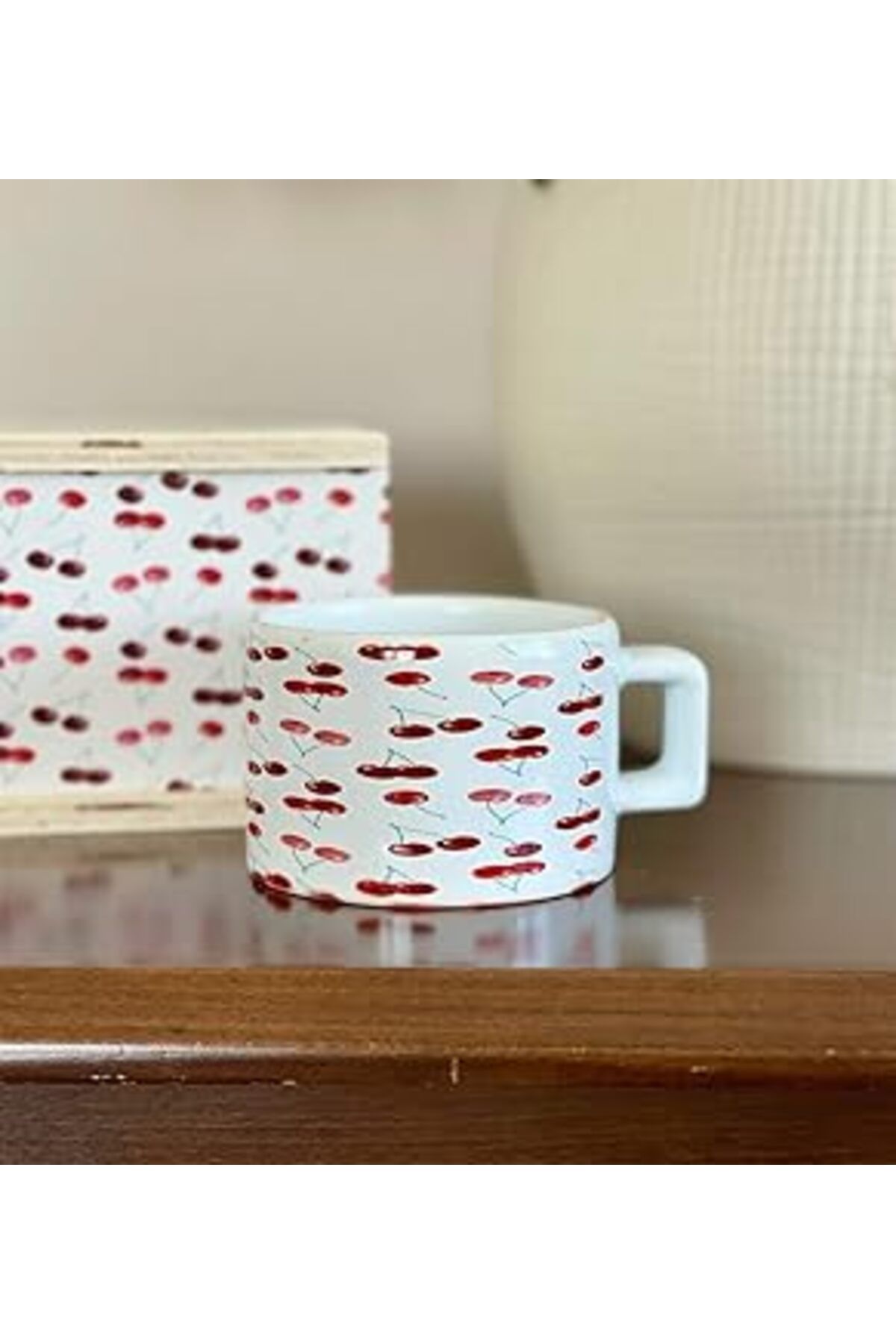 Mu Art Ahşap Giftmoda Kiraz Tasarımlı Kutulu Kupa