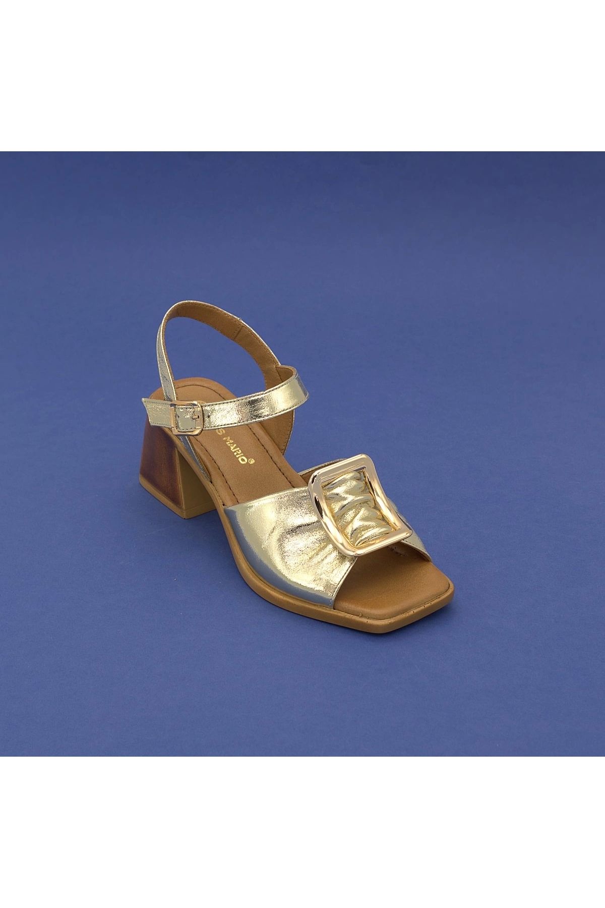 Metin Kundura PKR 19008 Hakiki Deri Tokalı Sandalet 6 cm Dore