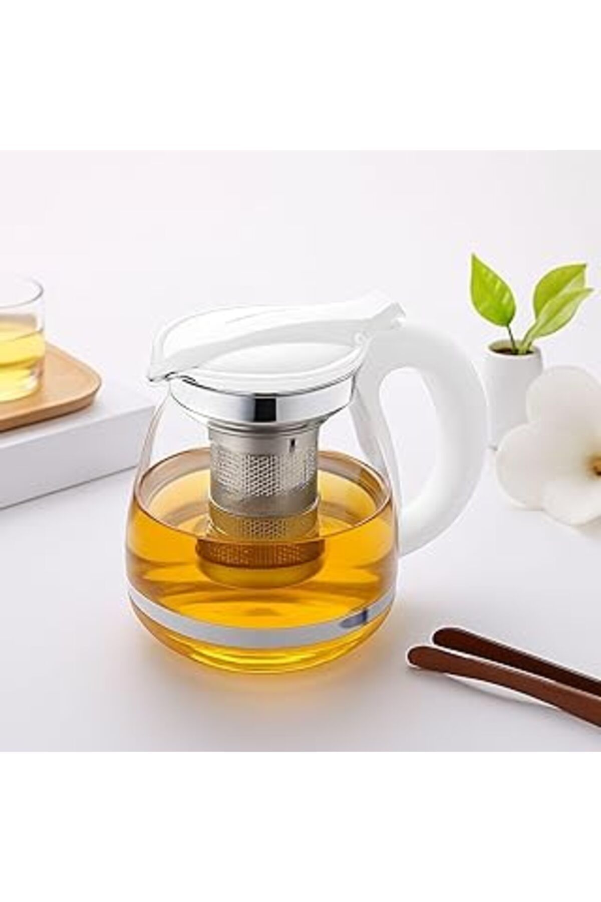 Mu Art Ahşap Cam Çaydanlık Paslanmaz Çelik Filtre Kolu Isıya Dayanıklı Cam Çaydanlık Süzgeçli French Press Cam D