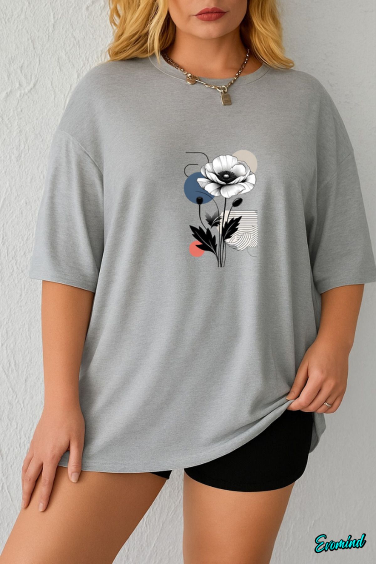Evomind Büyük Beden Çiçek Baskılı T-shirt