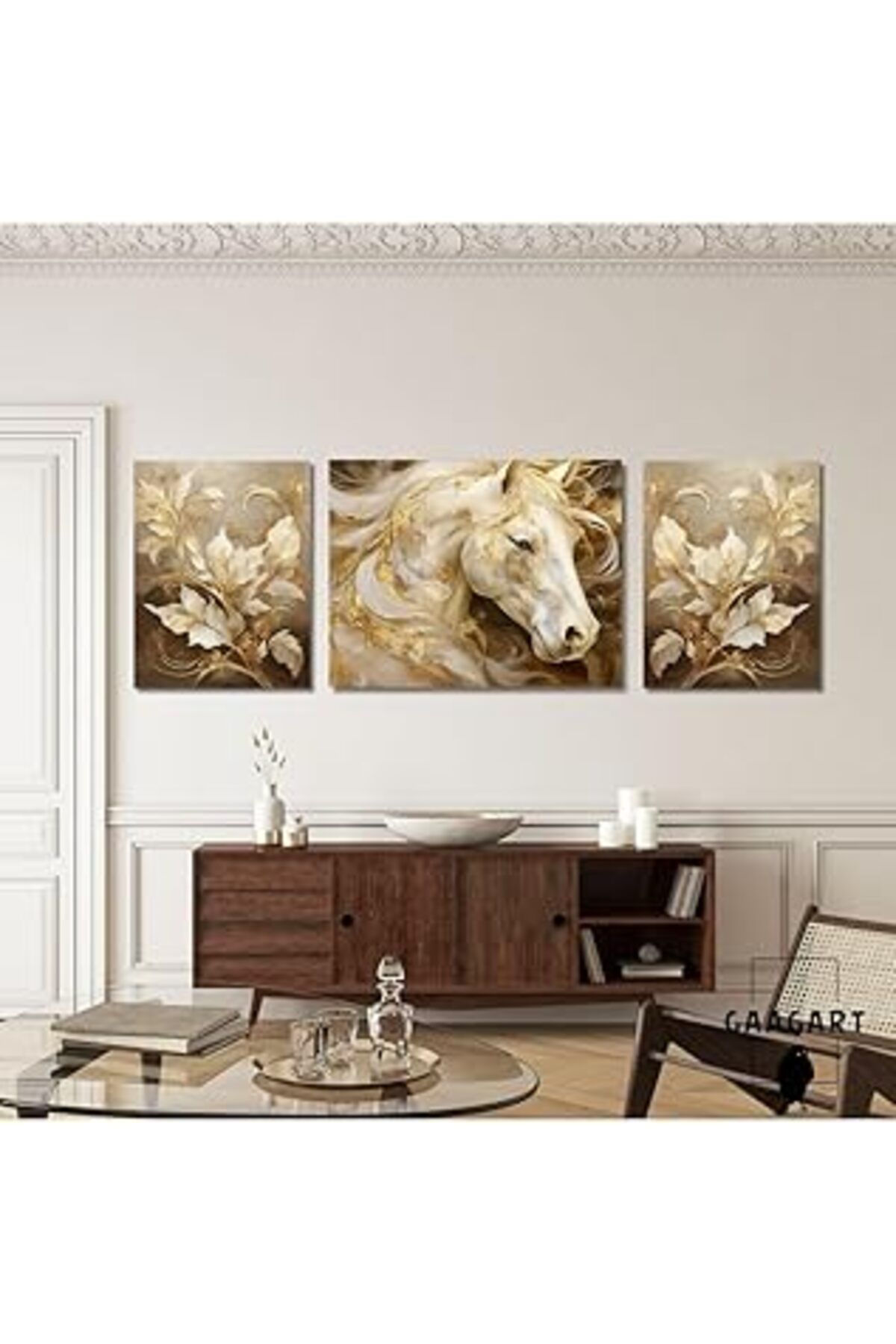 Pazarcan Gaagart 3Lü Kanvas Şık Salon Duvar Tablosu Modern Soyut Kahverengi Gold At, 50 X 70