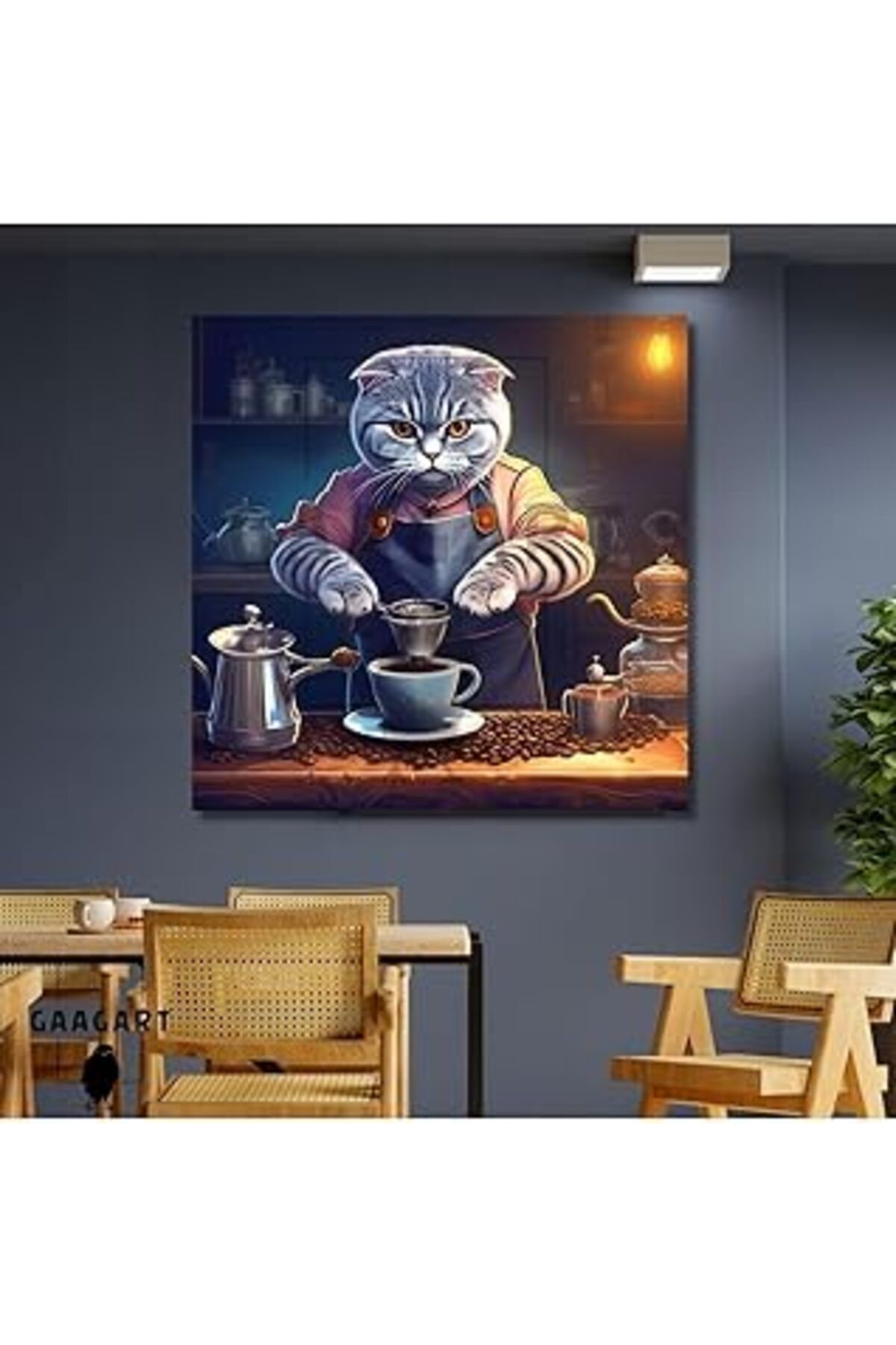 Pazarcan Gaagart Kanvas Kahve Köşesi Cafe Tablosu Barista Scottish Fold, 70 X 70