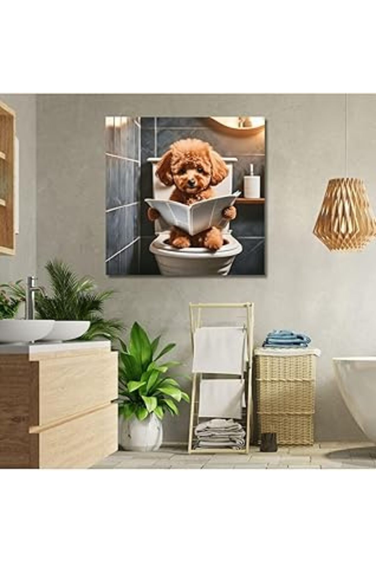 Mu Art Ahşap Gaagart Tekli Kare Kanvas Banyo Tablosu Gazete Okuyan Sevimli Poodle, 40 X 40