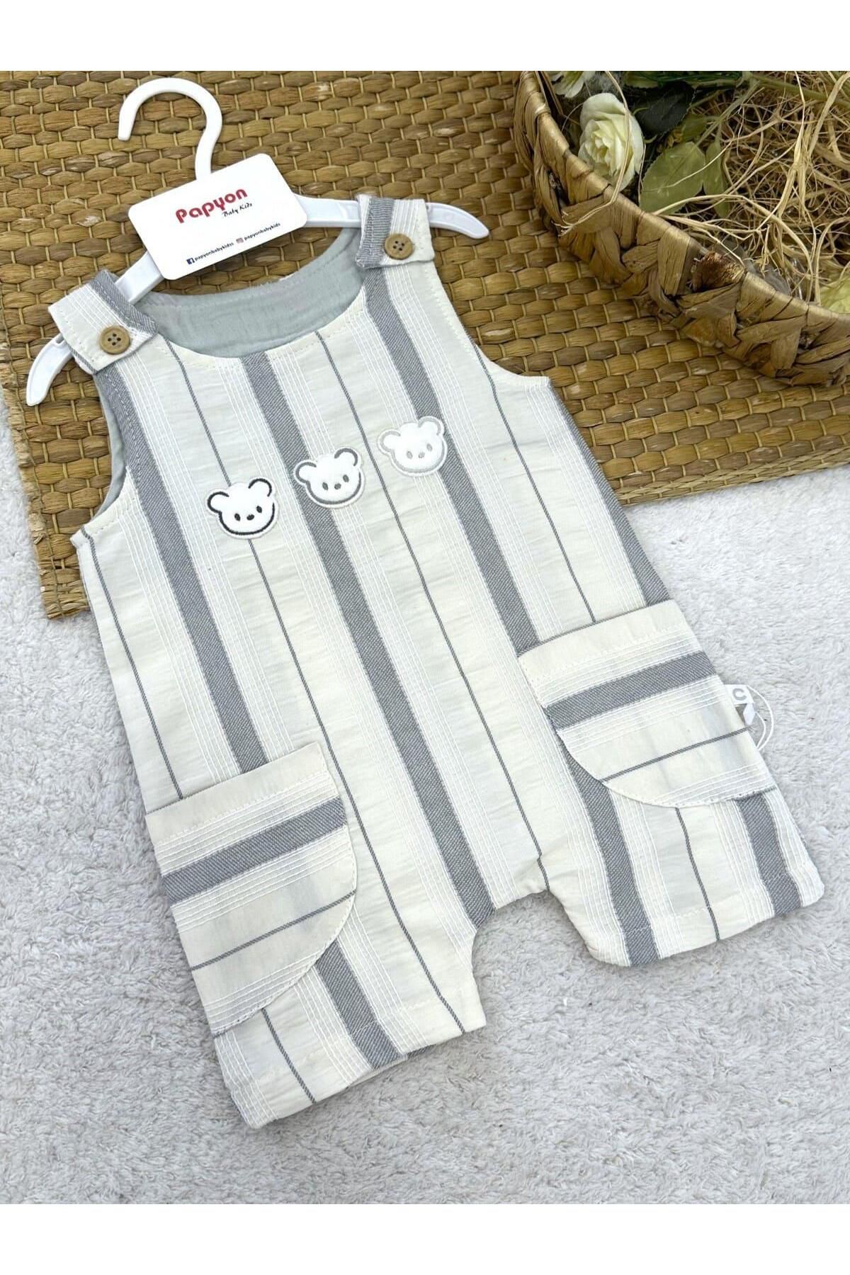 Papyon Baby Kids Ayıcık Nakışlı Düğmeli Cepli Erkek Bebek Tulum (0-3/3-6/6-9/9-12 Ay)