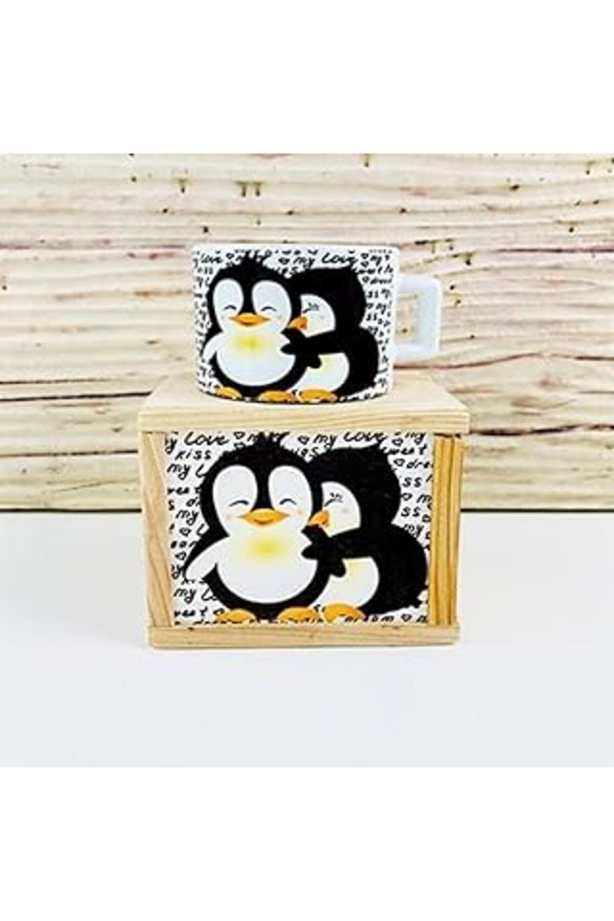 Pazarcan Giftmoda Ahşap Kutusunda Mutlu Aşıklar Penguen Tasarım Kupa Bardak