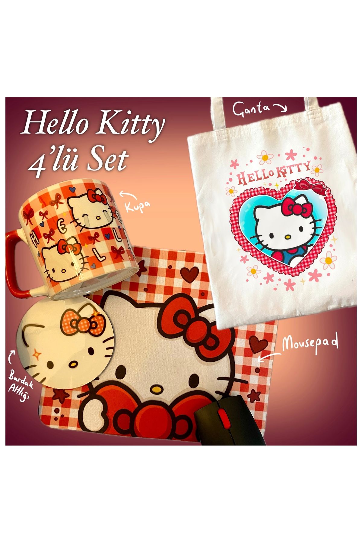 westartic Hello Kitty (Sanrio) Kupa, Bardak Altlığı, Mousepad, Çanta 4’lü Hediyelik Set