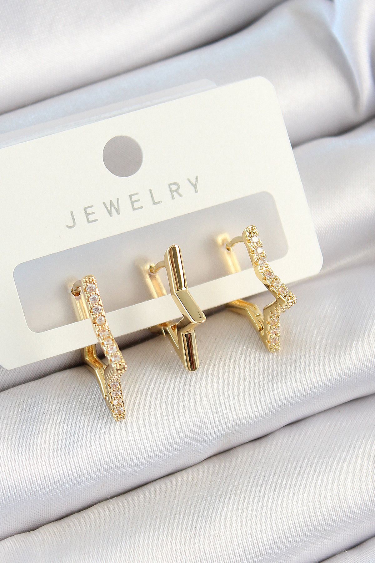 norsary Pirinç Zirkon Taşlı Yıldız Model Gold Renk 3'lü Çift Kadın Küpe Set