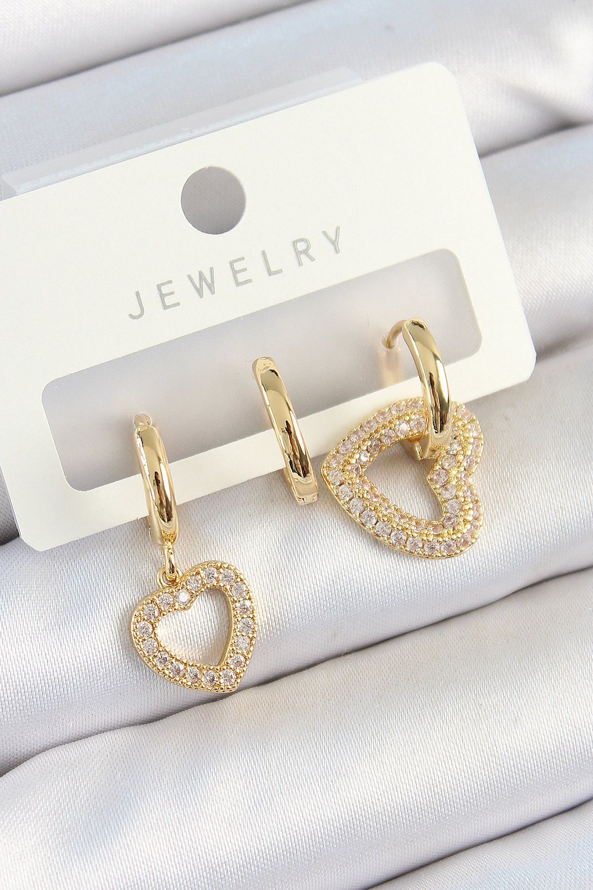 norsary Pirinç Zirkon Taşlı Kalp Model Gold Renk 3'lü Çift Kadın Küpe Set